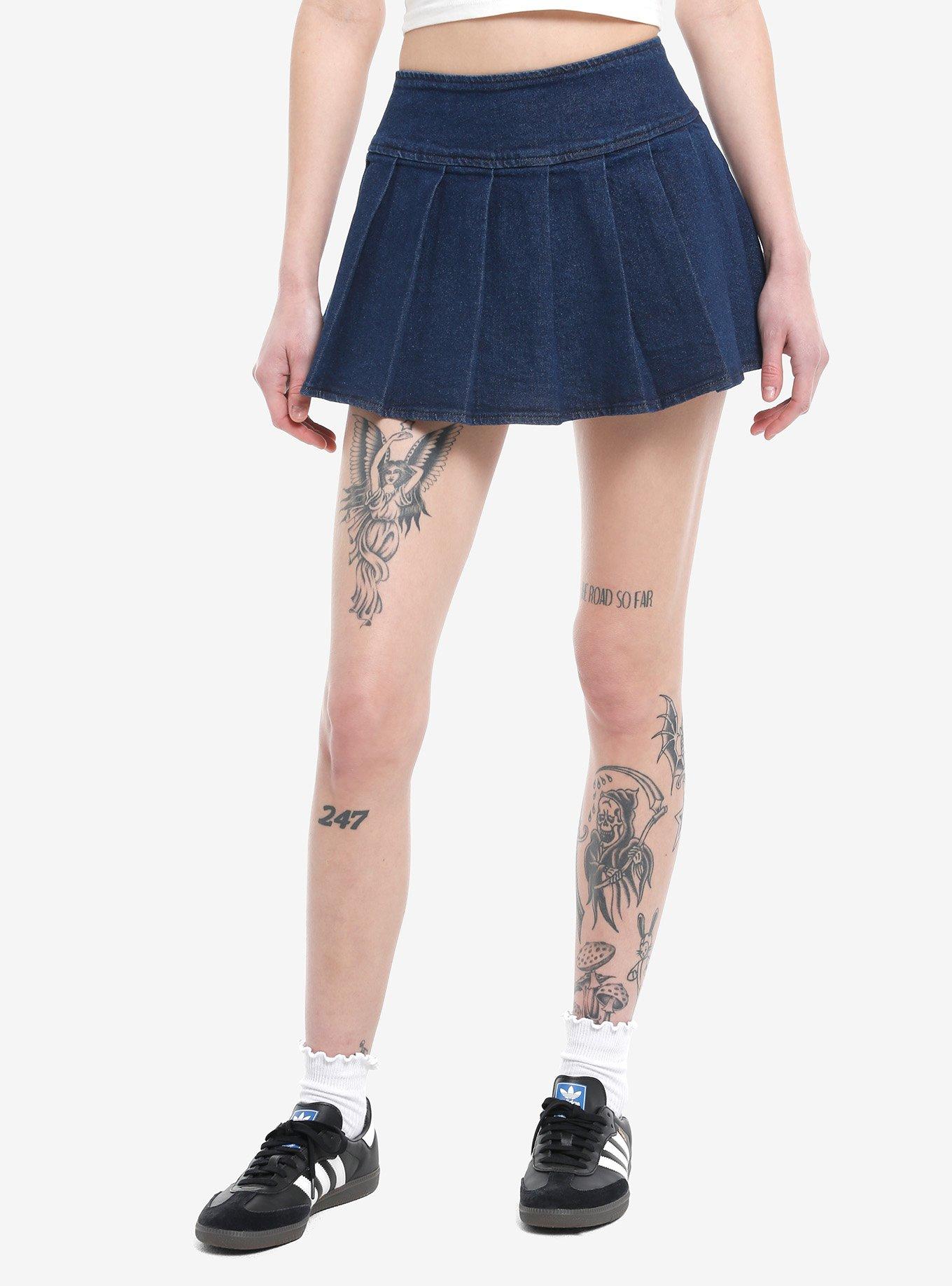 Social Collision Dark Denim Pleated Skirt, DARK BLUE, hi-res