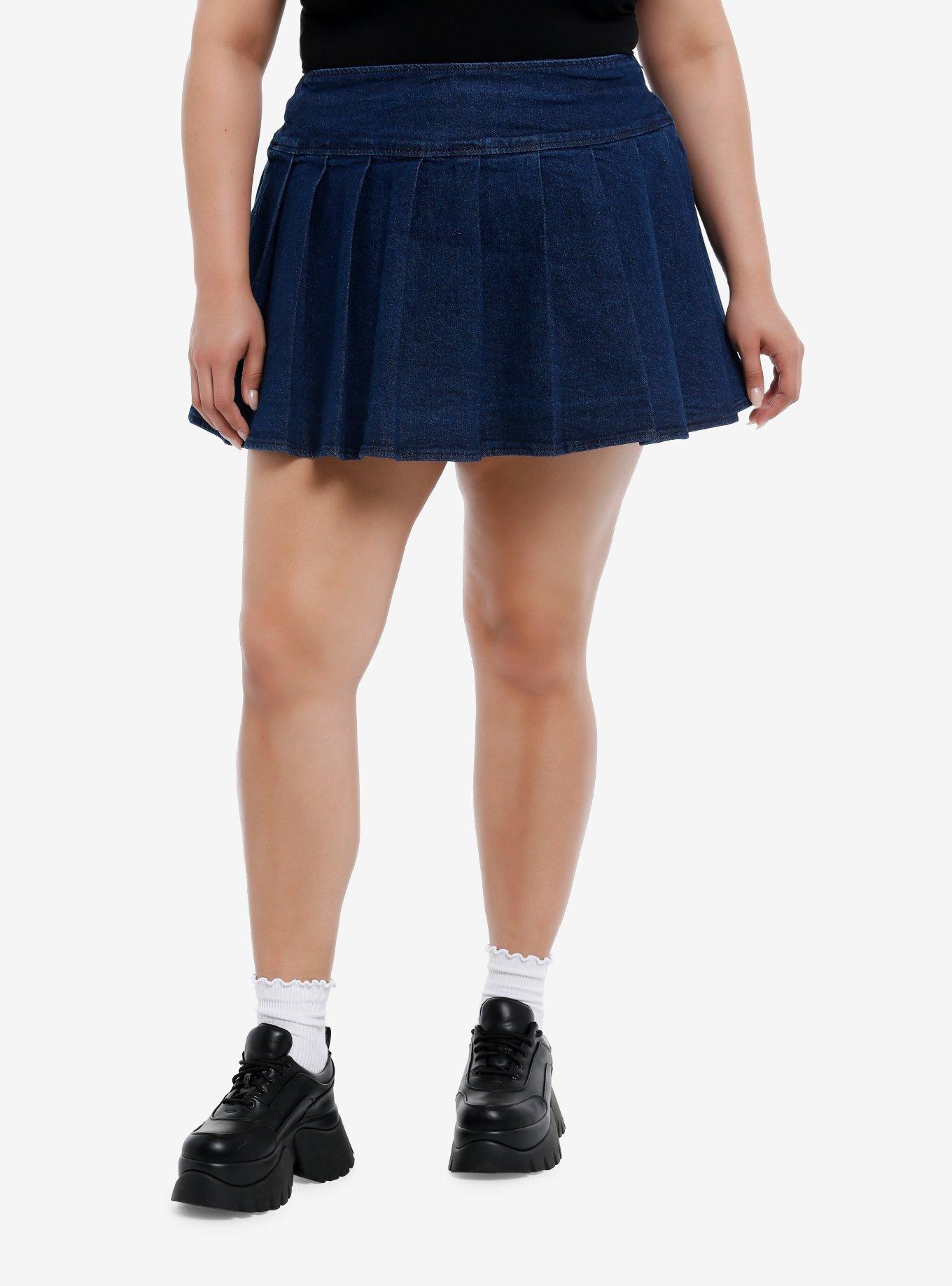 Social Collision® Dark Denim Pleated Skirt Plus Size, DARK BLUE, hi-res