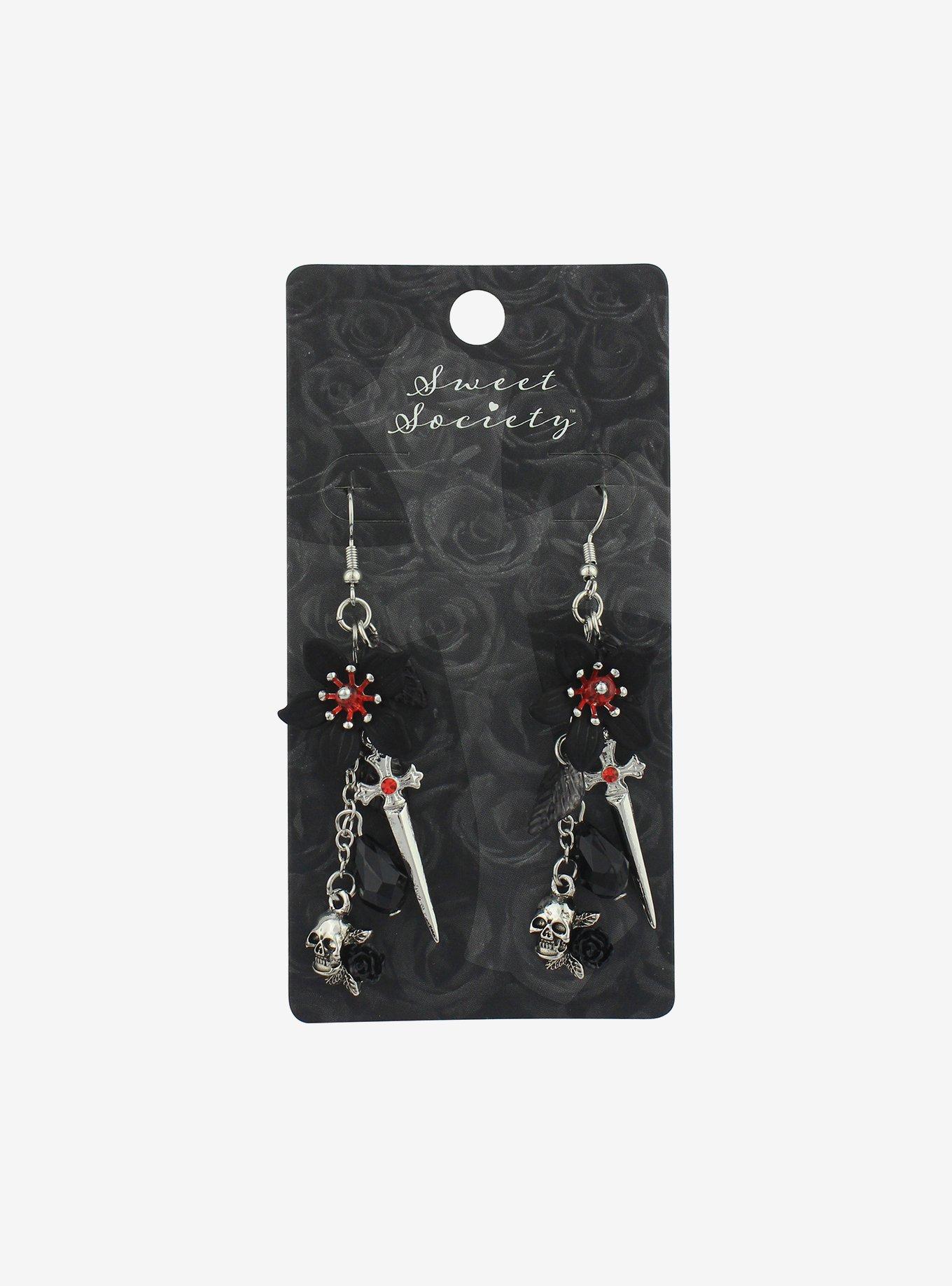 Black Flower Dagger Drop Earrings, , hi-res