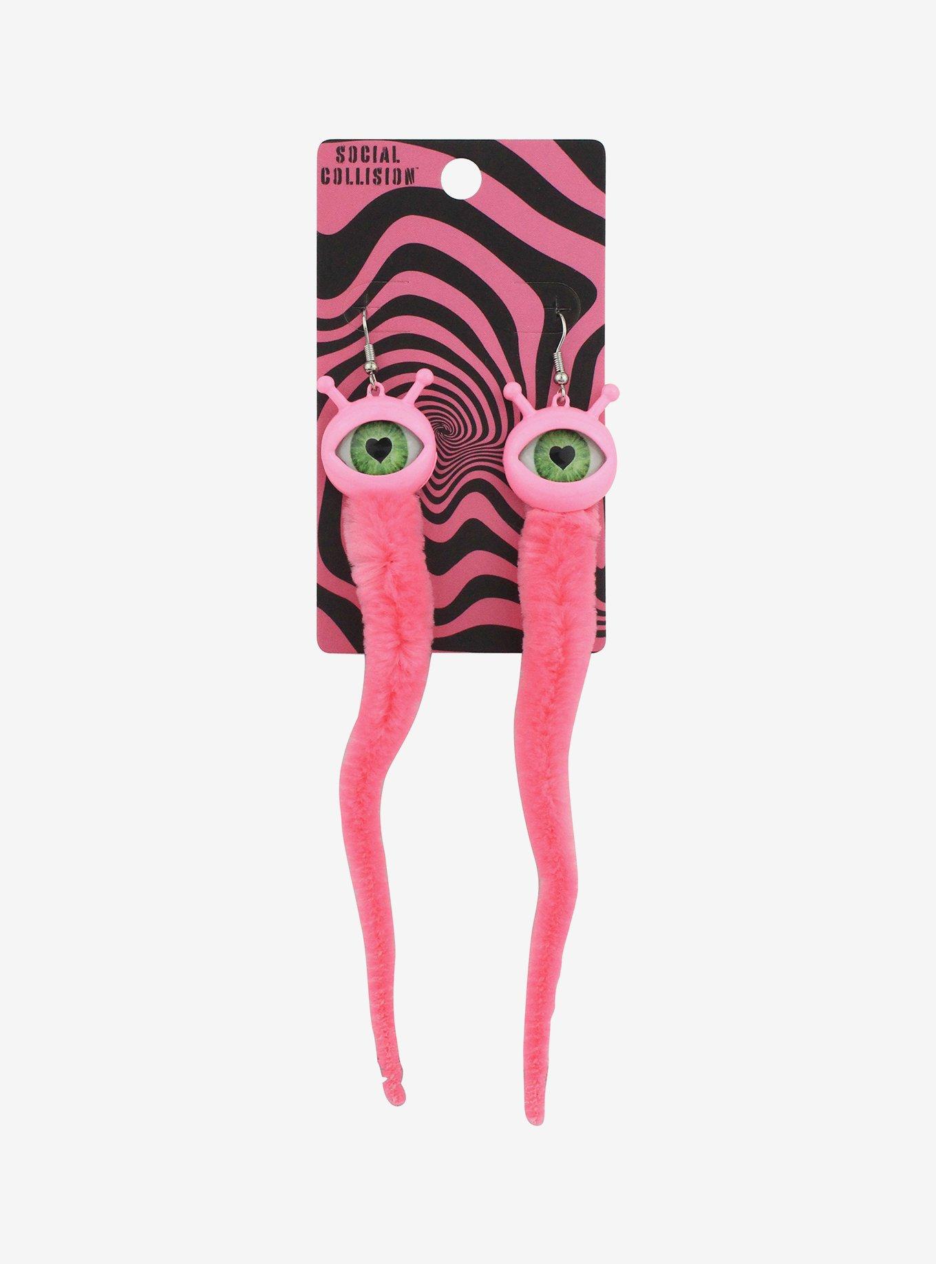 Social Collision® Pink Eyeball Worm Fuzzy Drop Earrings
