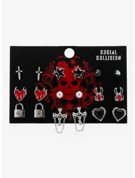 Social Collision Goth Cross Spider Stud Earring Set, , hi-res