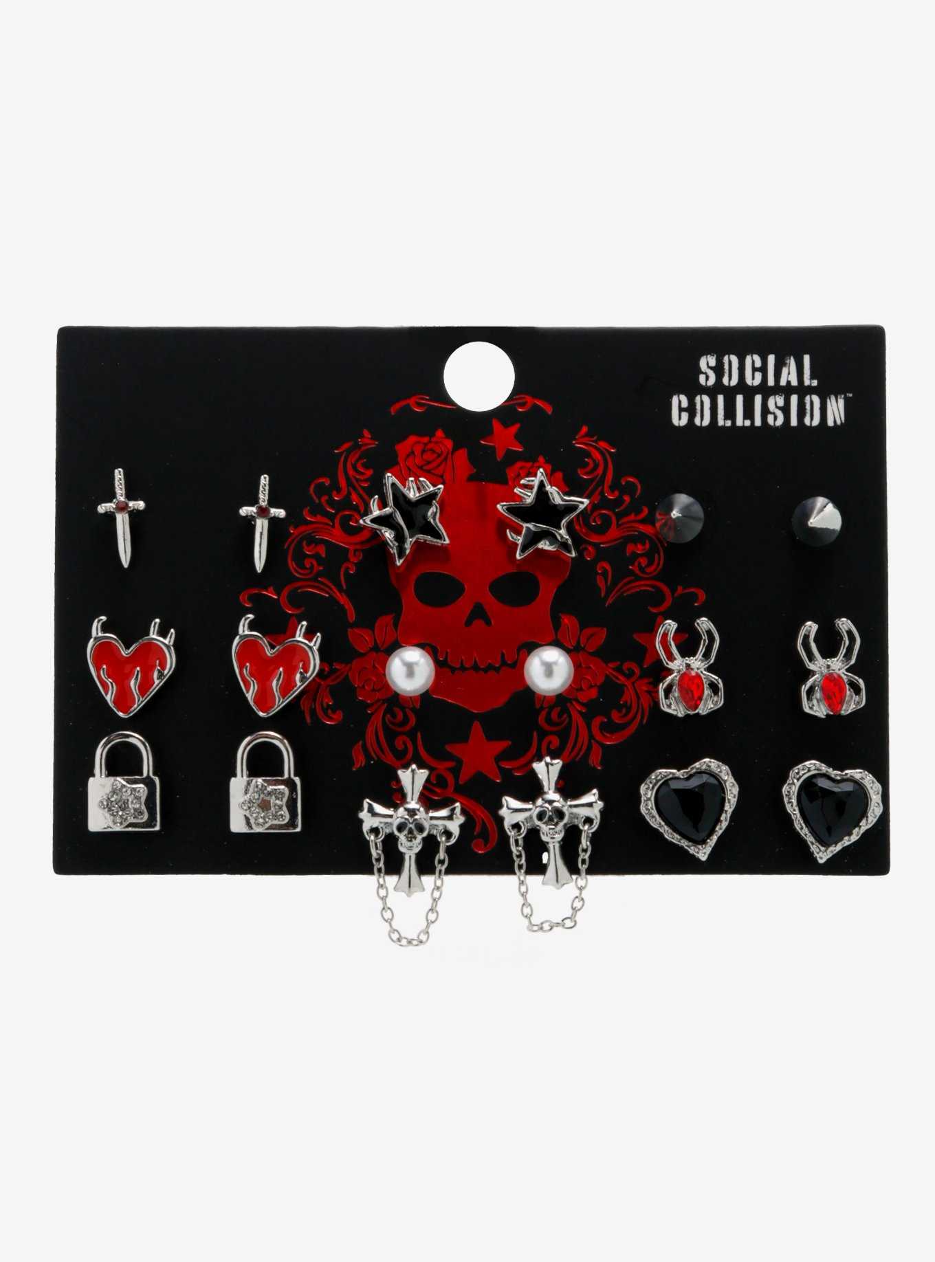 Social Collision Goth Cross Spider Stud Earring Set, , hi-res