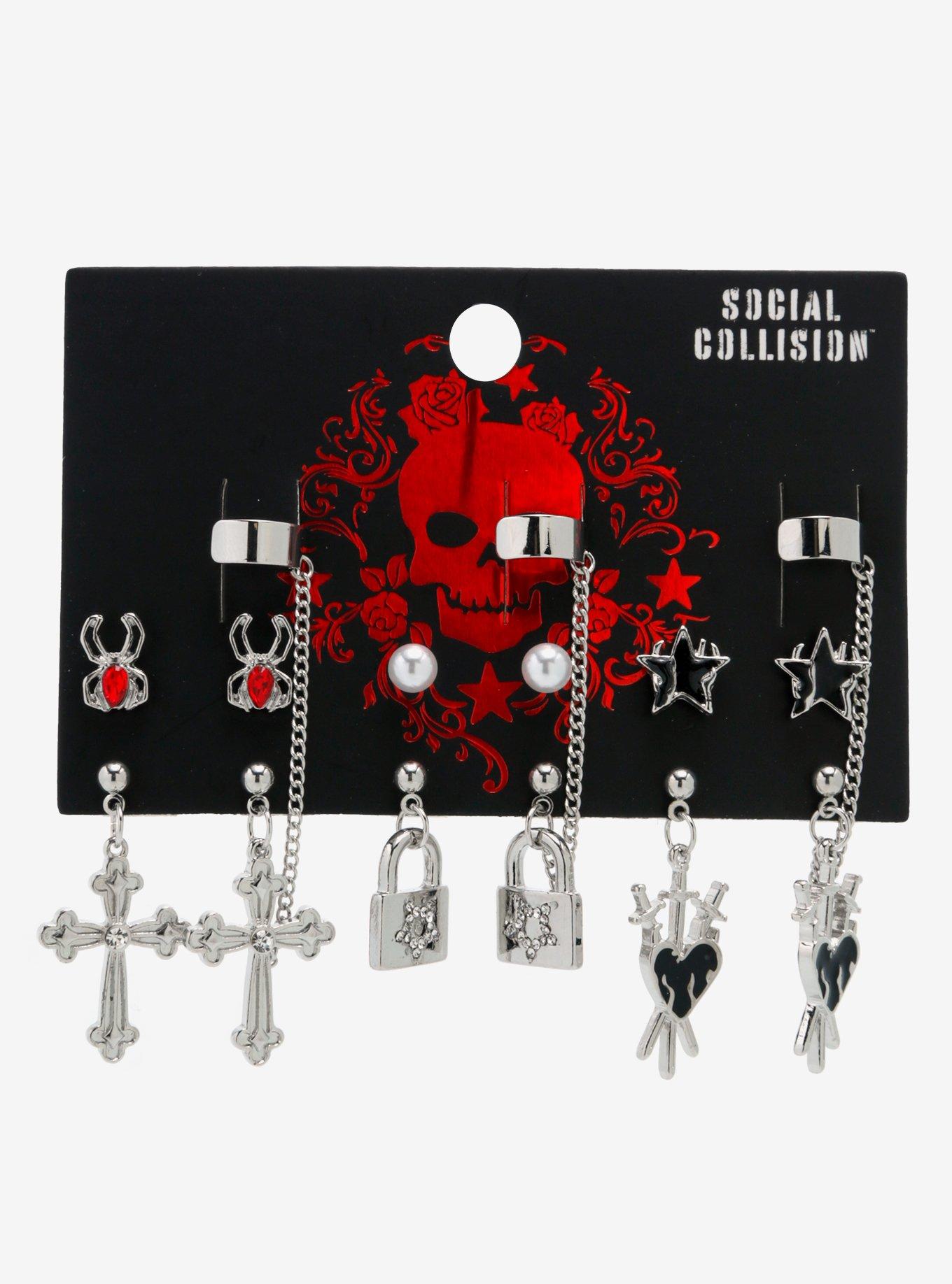 Social Collision Goth Cross Spider Cuff Earring Set, , hi-res