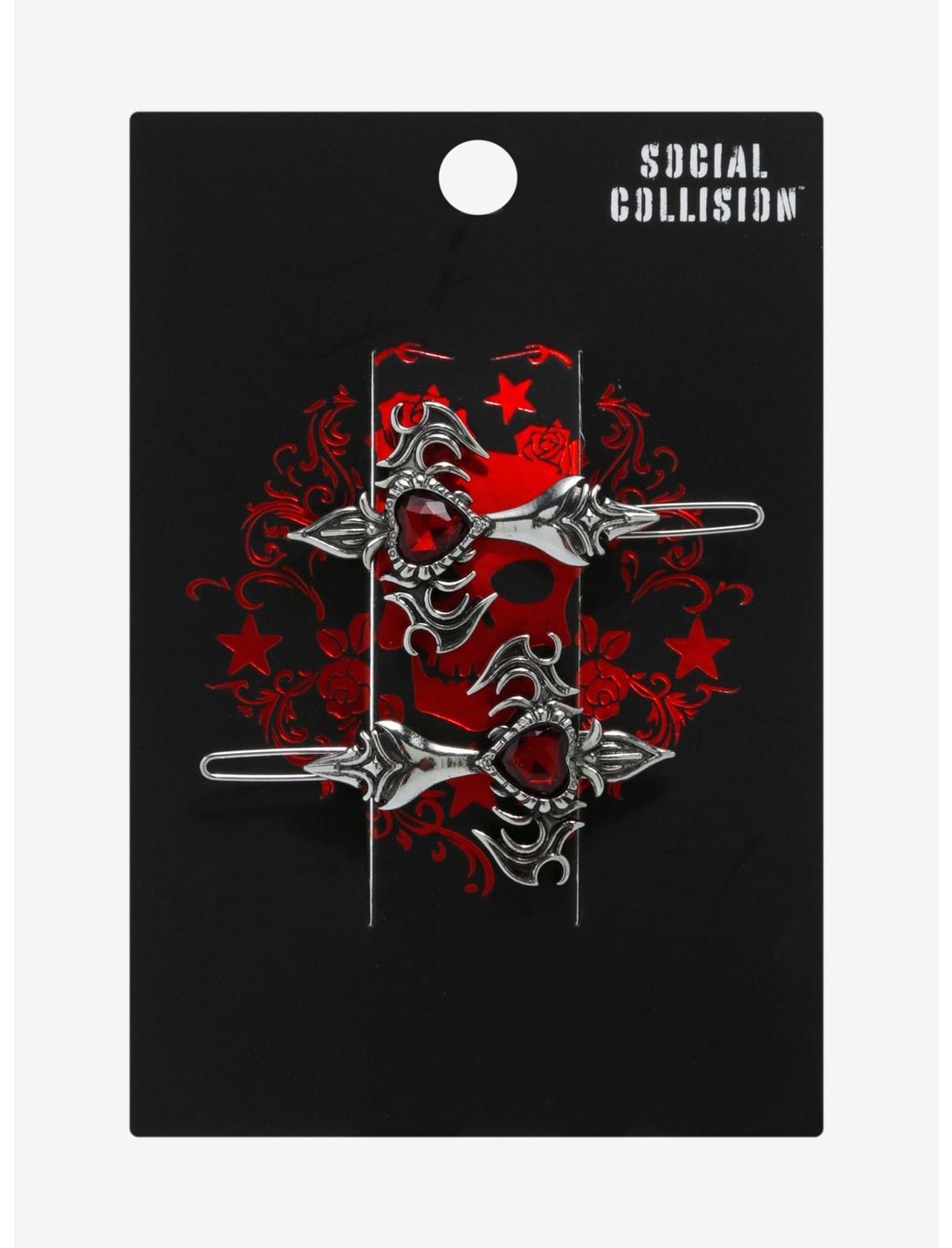 Social Collision Metal Cross Red Gem Heart Hair Clip Set, , hi-res