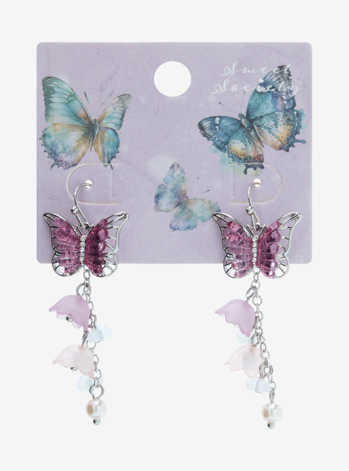 Sweet Society Purple Butterfly Flower Drop Earrings | Hot Topic display picture 2