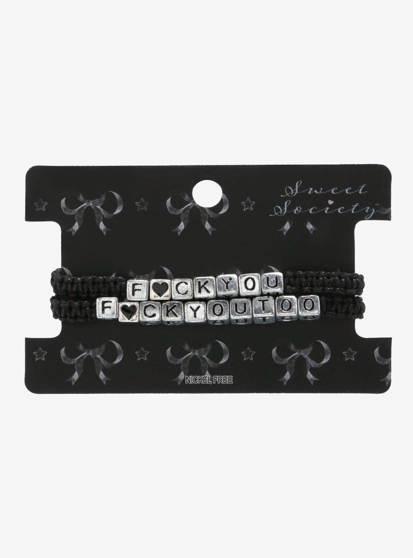 F*ck You Silver Block Bead Friend Cord Bracelet Set