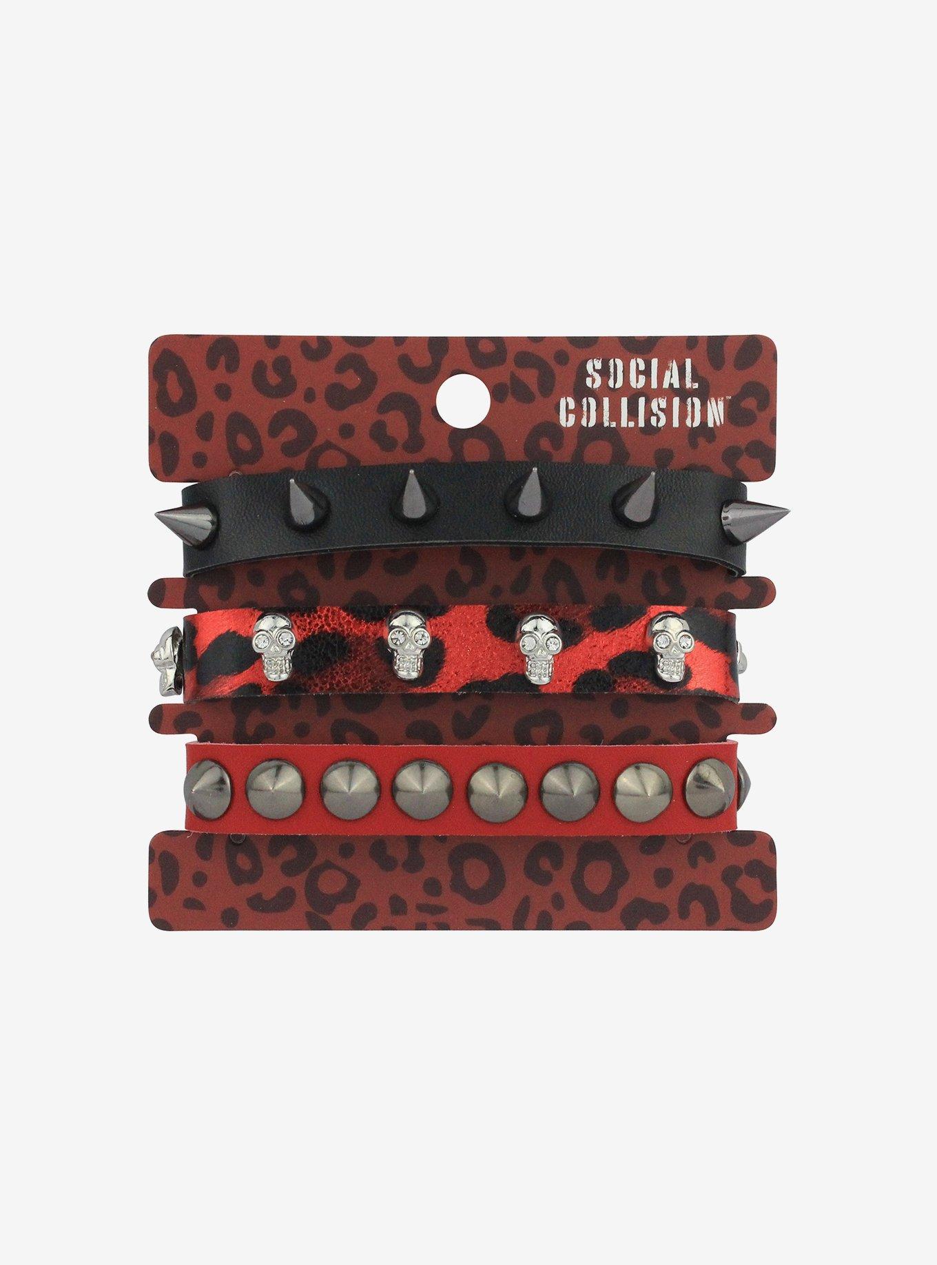 Social Collision® Leopard Print & Red Studded Bracelet Set, , hi-res