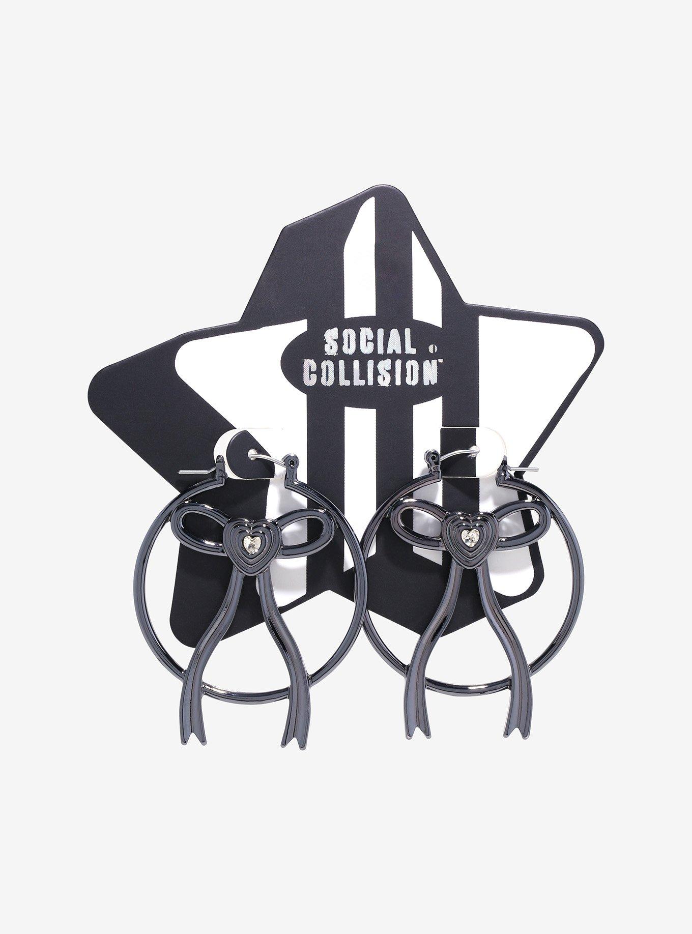 Social Collision® Black Heart Bow Hoop Earrings, , hi-res