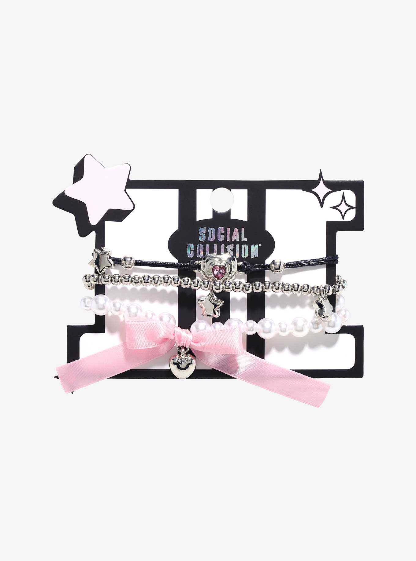 Social Collision® Pearl Bow Heart Bracelet Set, , hi-res