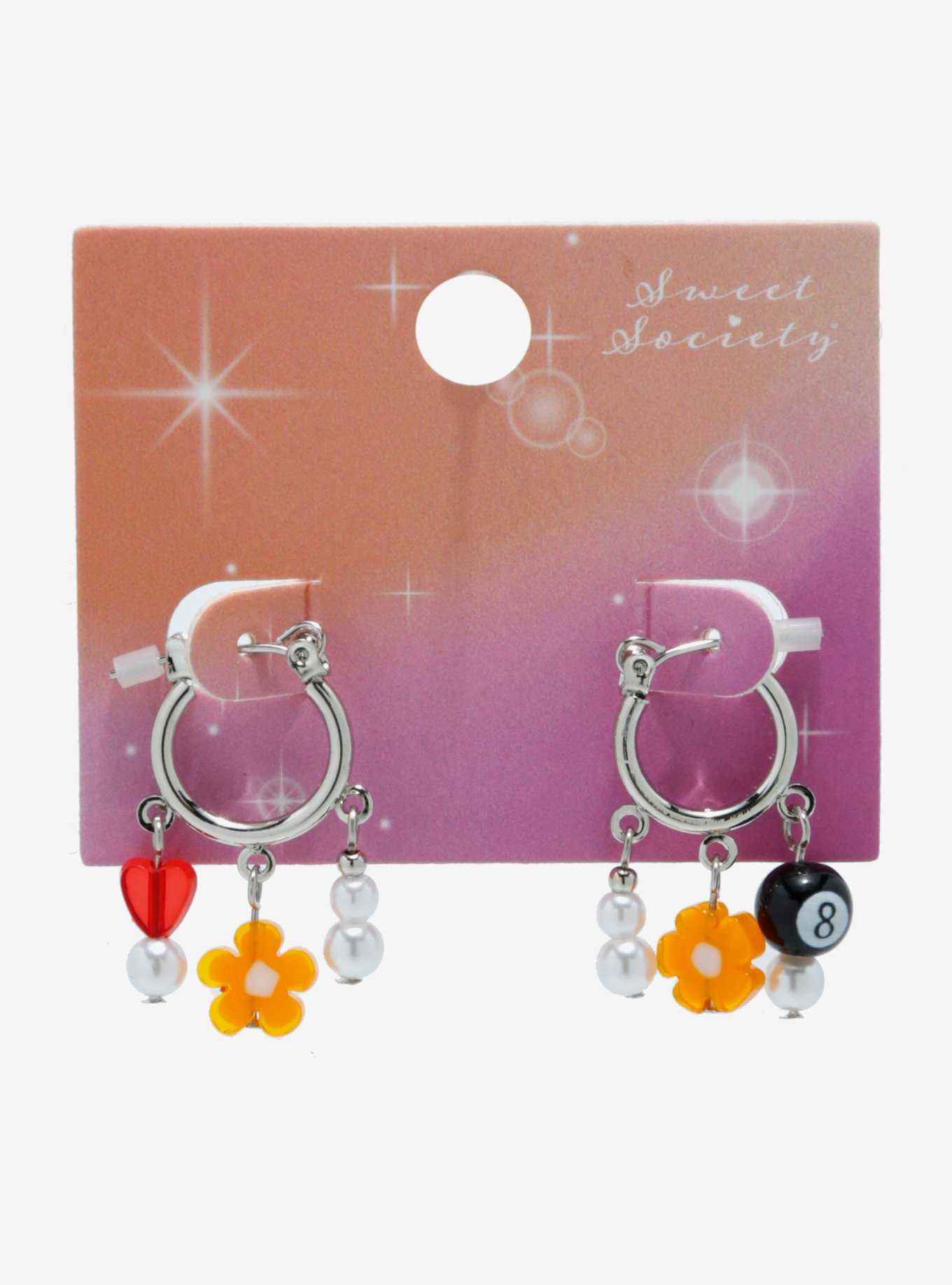 Sweet Society® 8 Ball Flower Bead Mismatched Huggie Hoops, , hi-res