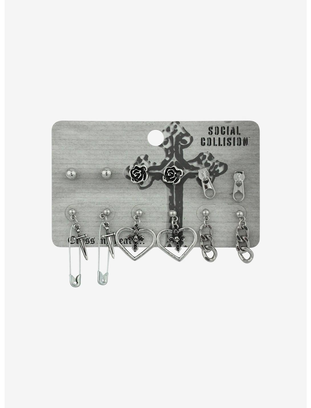 Social Collision® Heart Cross Chain Earring Set, , hi-res