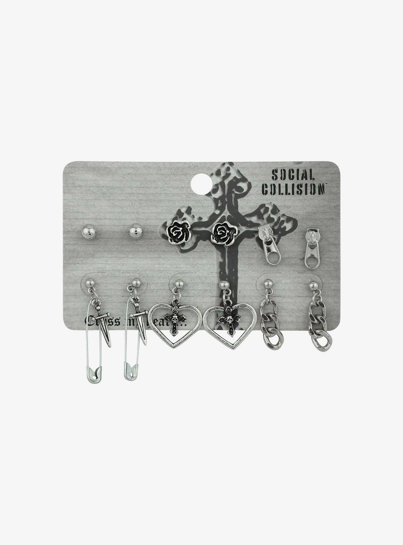 Social Collision® Heart Cross Chain Earring Set, , hi-res