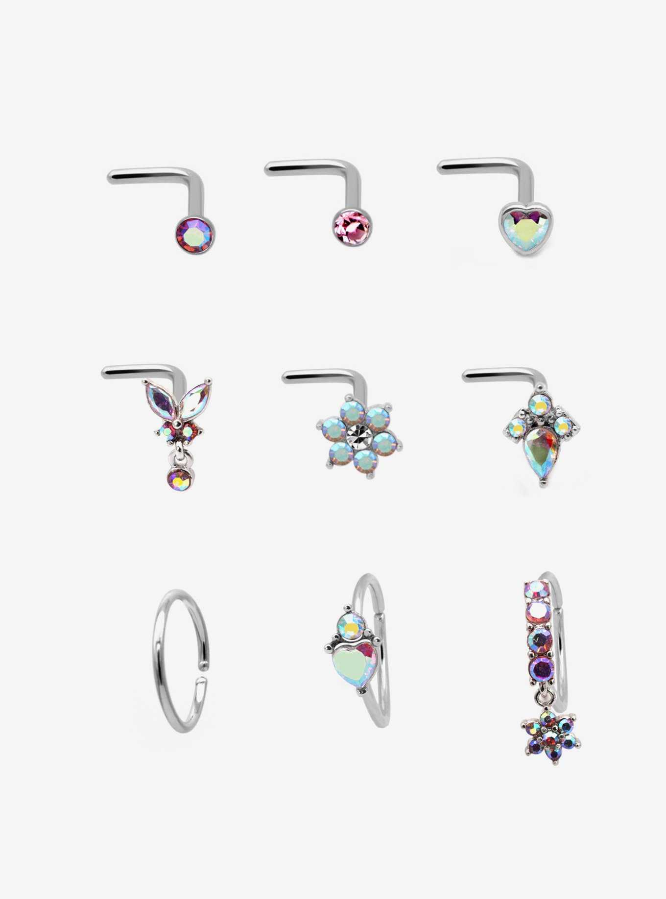 Steel Flower Heart Iridescent Gem Nose Stud & Hoop 9 Pack, , hi-res