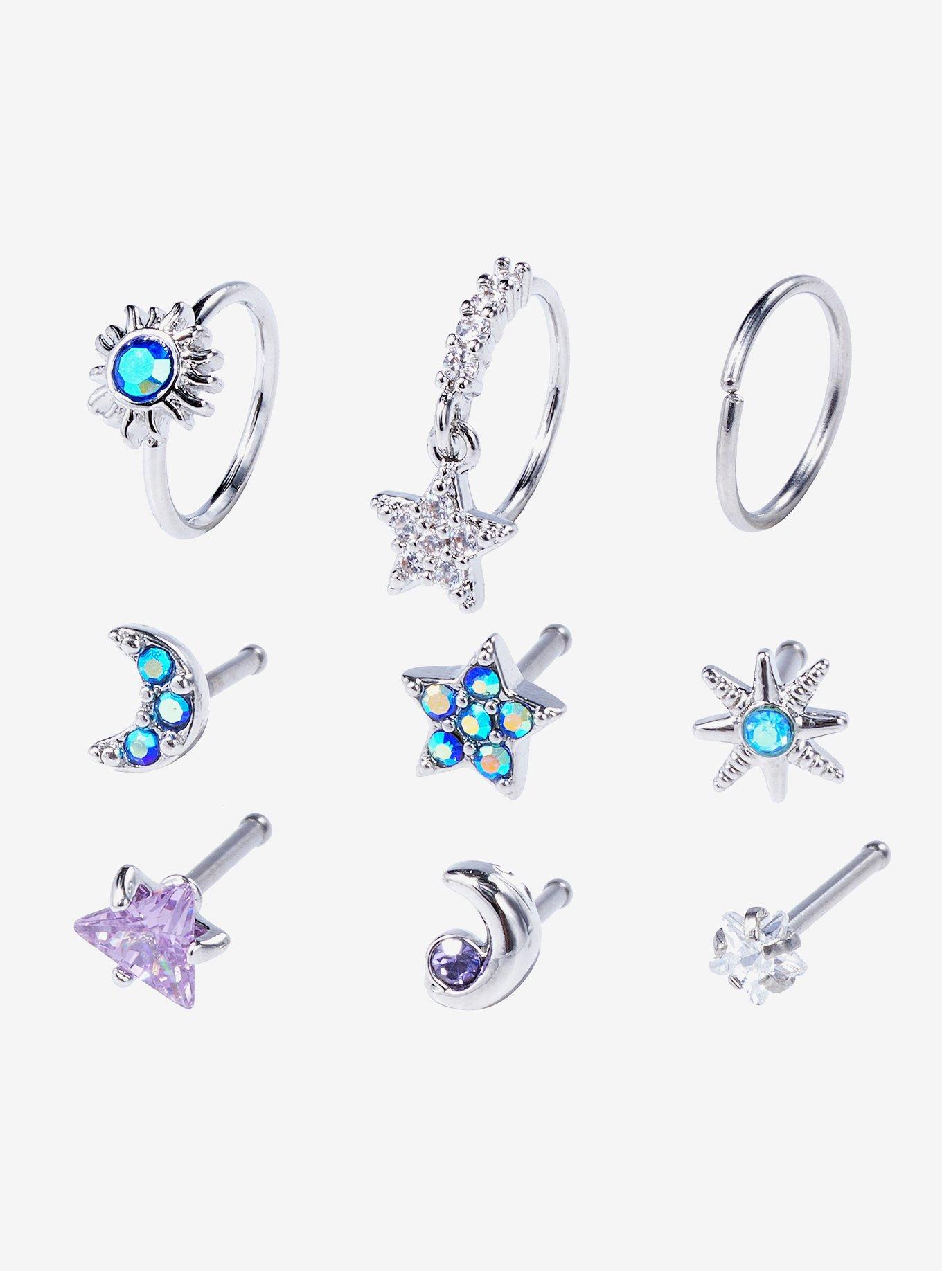 Steel Star Moon Nose Stud & Hoop 9 Pack, , hi-res