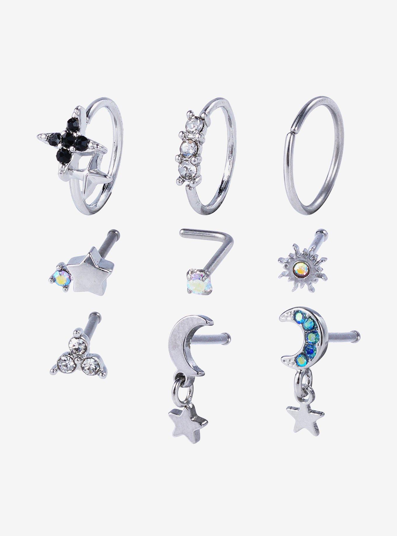 Steel Star Moon Gem Nose Stud & Hoop 9 Pack, MULTI, hi-res