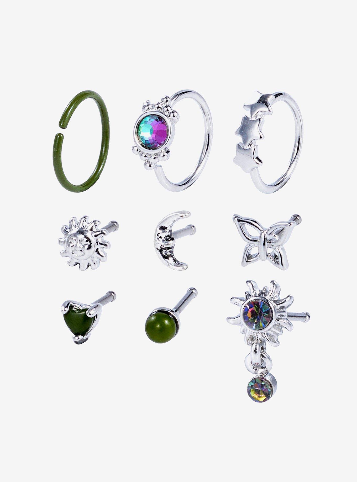 Steel Grunge Butterfly Celestial Nose Stud & Hoop 9 Pack, MULTI, hi-res