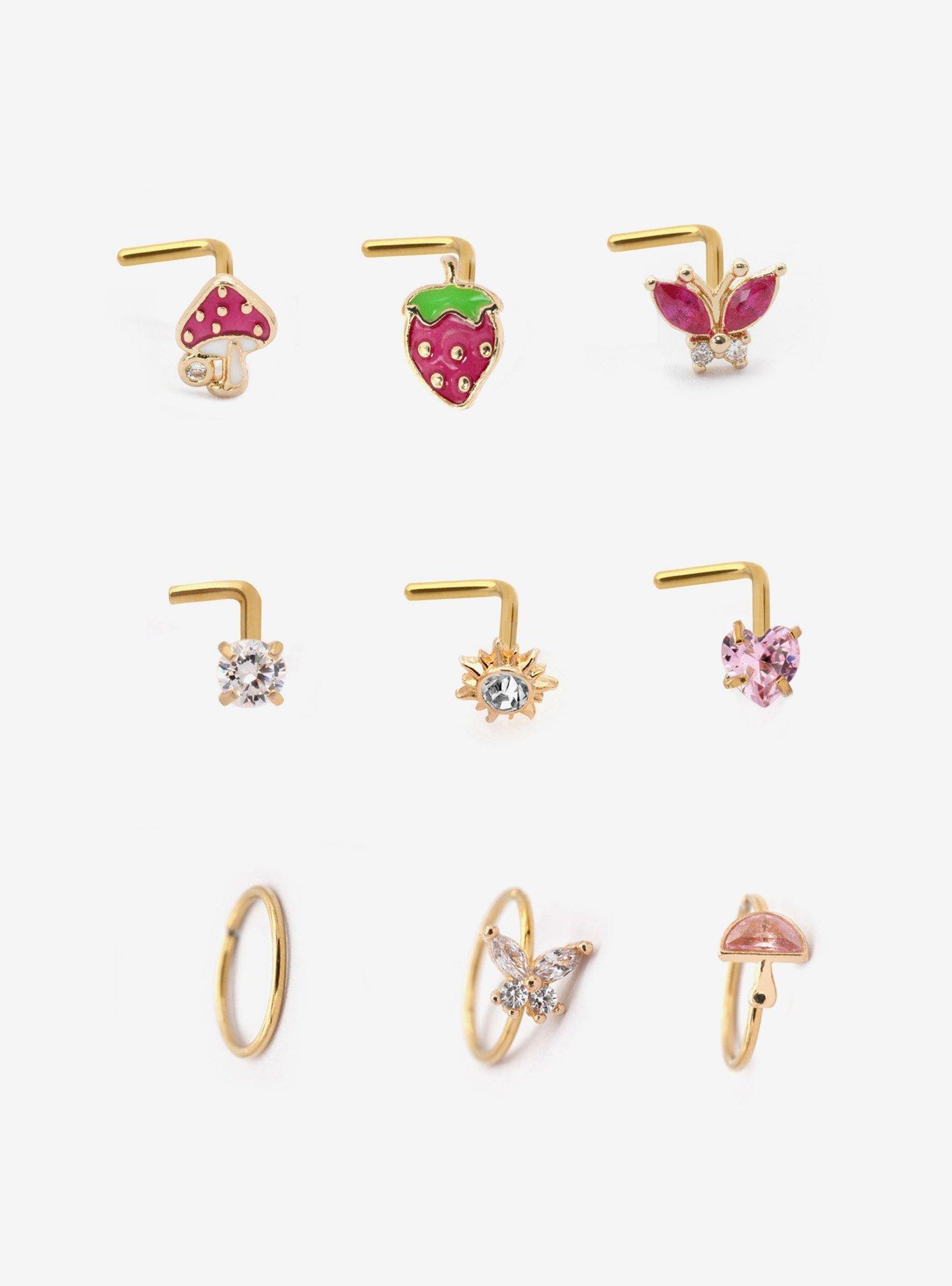 Steel Strawberry Mushroom Butterfly Nose Stud & Hoop 9 Pack