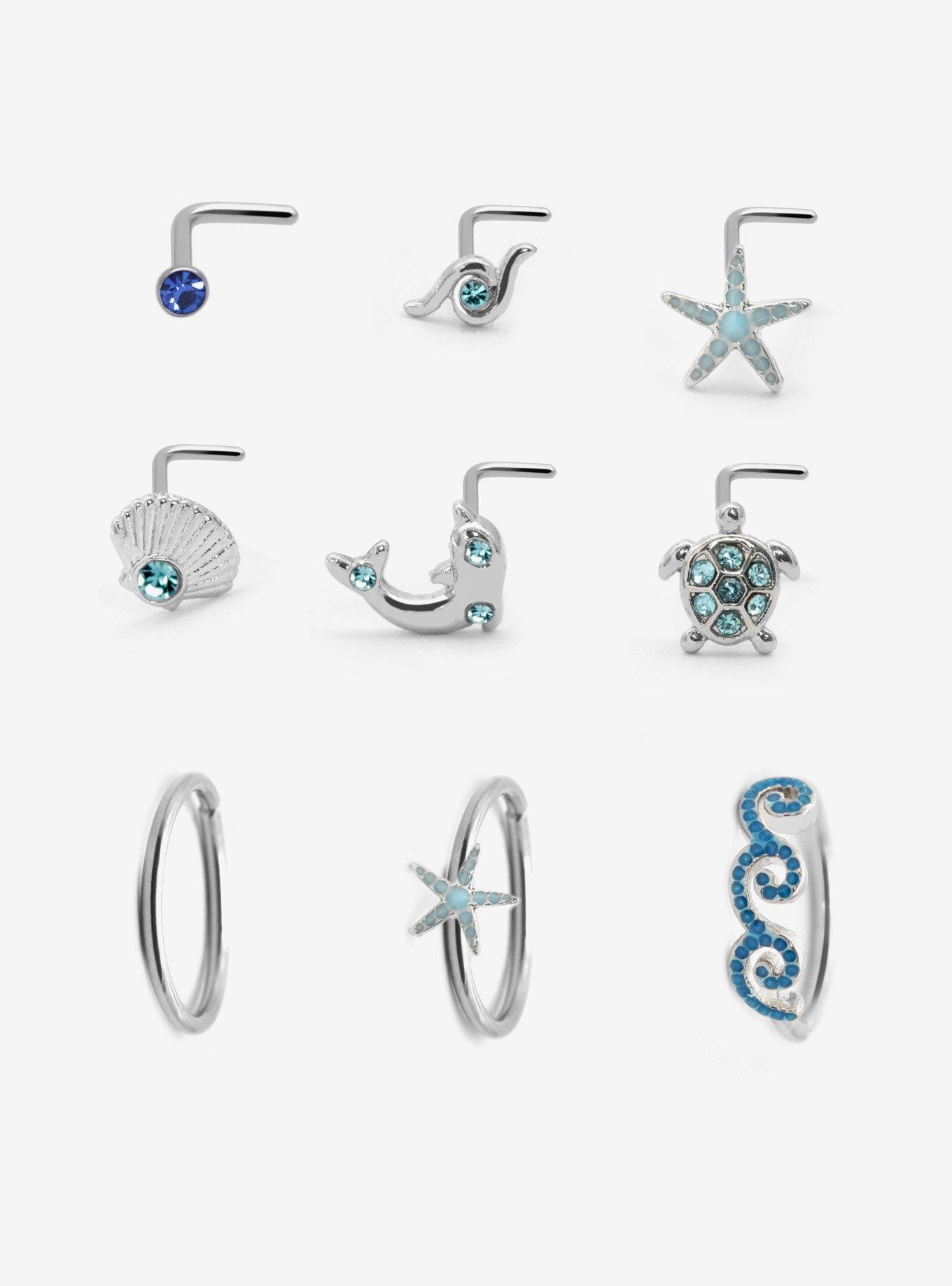 Steel Ocean Life Nose Stud & Hoop 9 Pack, MULTI, hi-res
