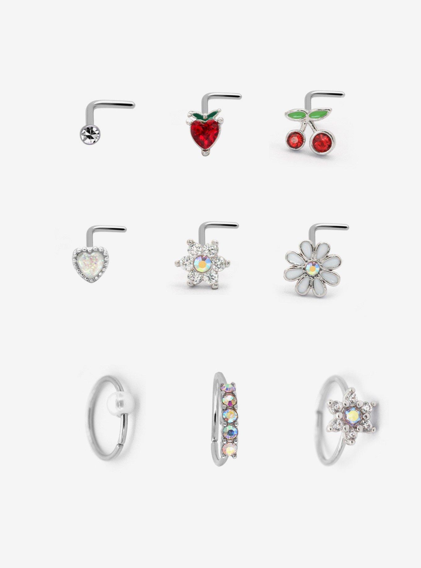 Steel Cherry Flower Heart Nose Stud & Hoop 9 Pack, PEARL, hi-res