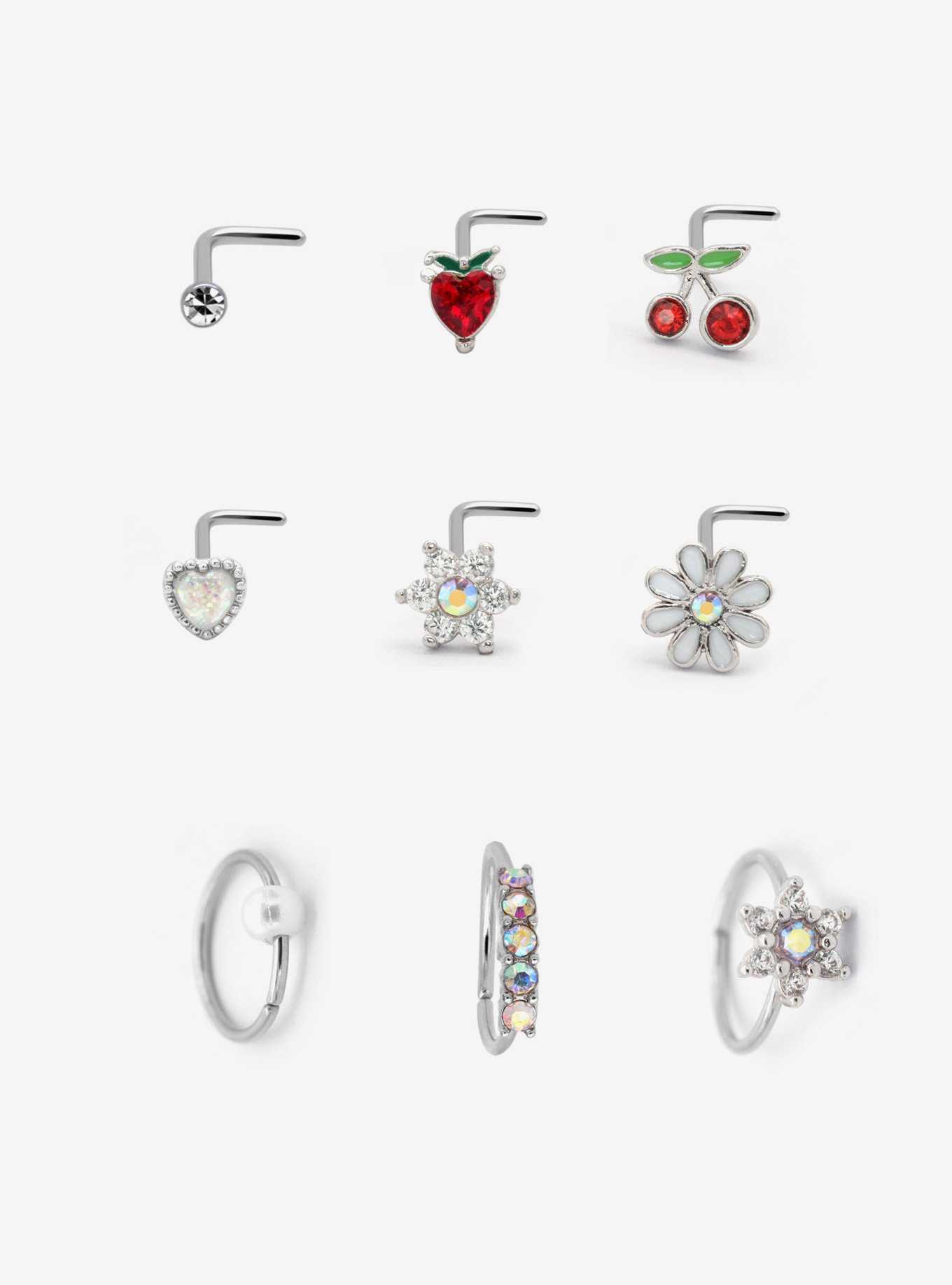 Steel Cherry Flower Heart Nose Stud & Hoop 9 Pack, , hi-res