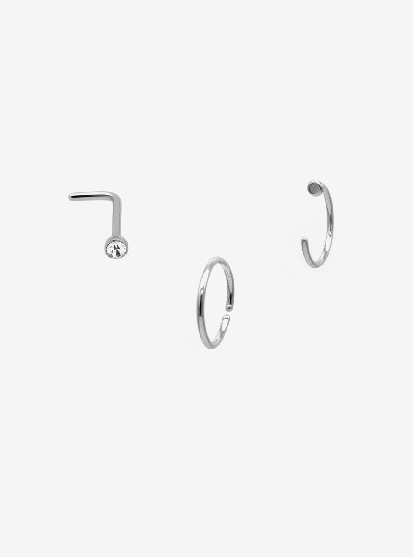 Steel Silver Gem Nose Stud & Hoop 3 Pack, MULTI, hi-res