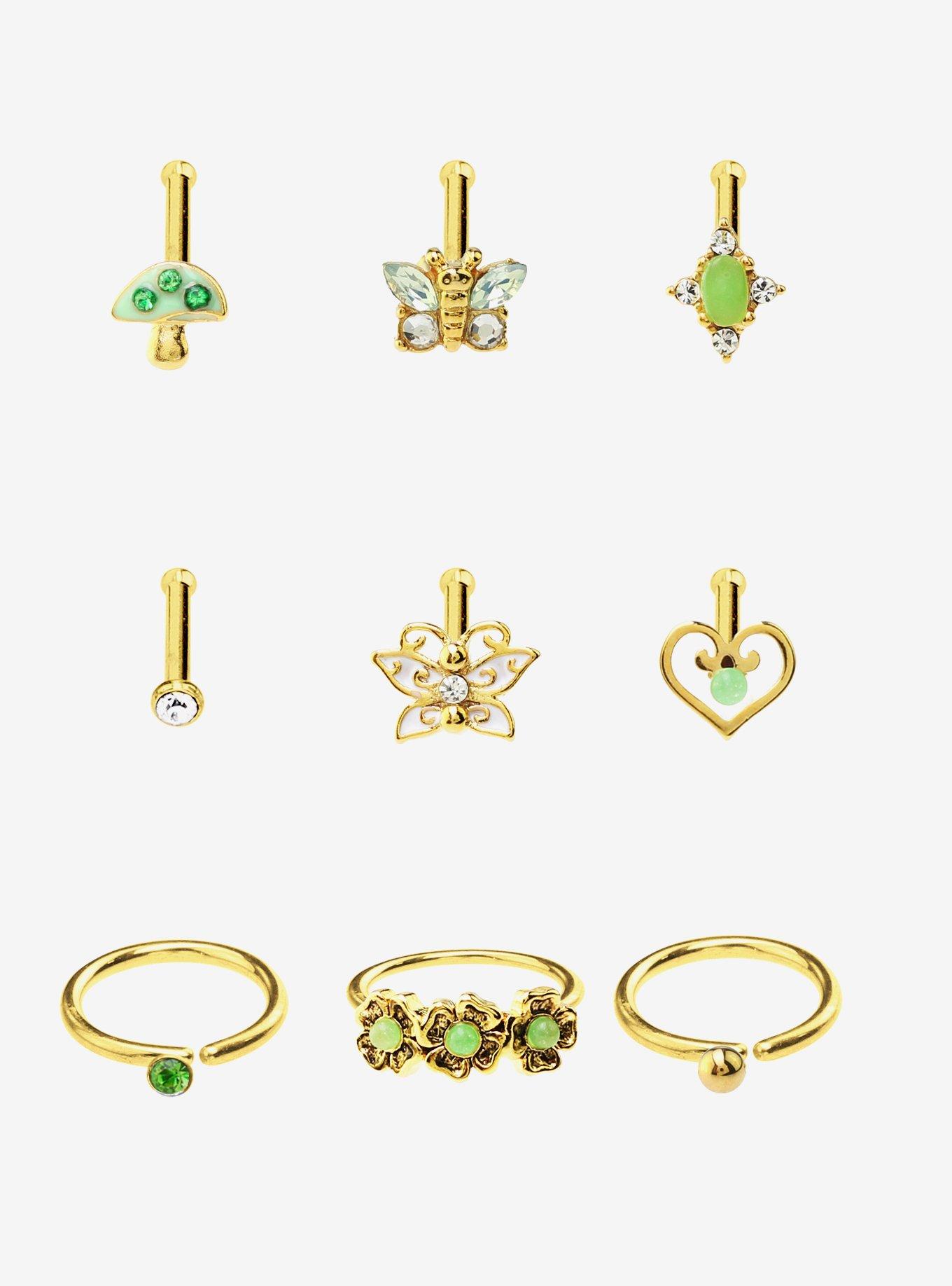 Steel Gold Butterfly Mushroom Nose Stud & Hoop 9 Pack, MULTI, hi-res