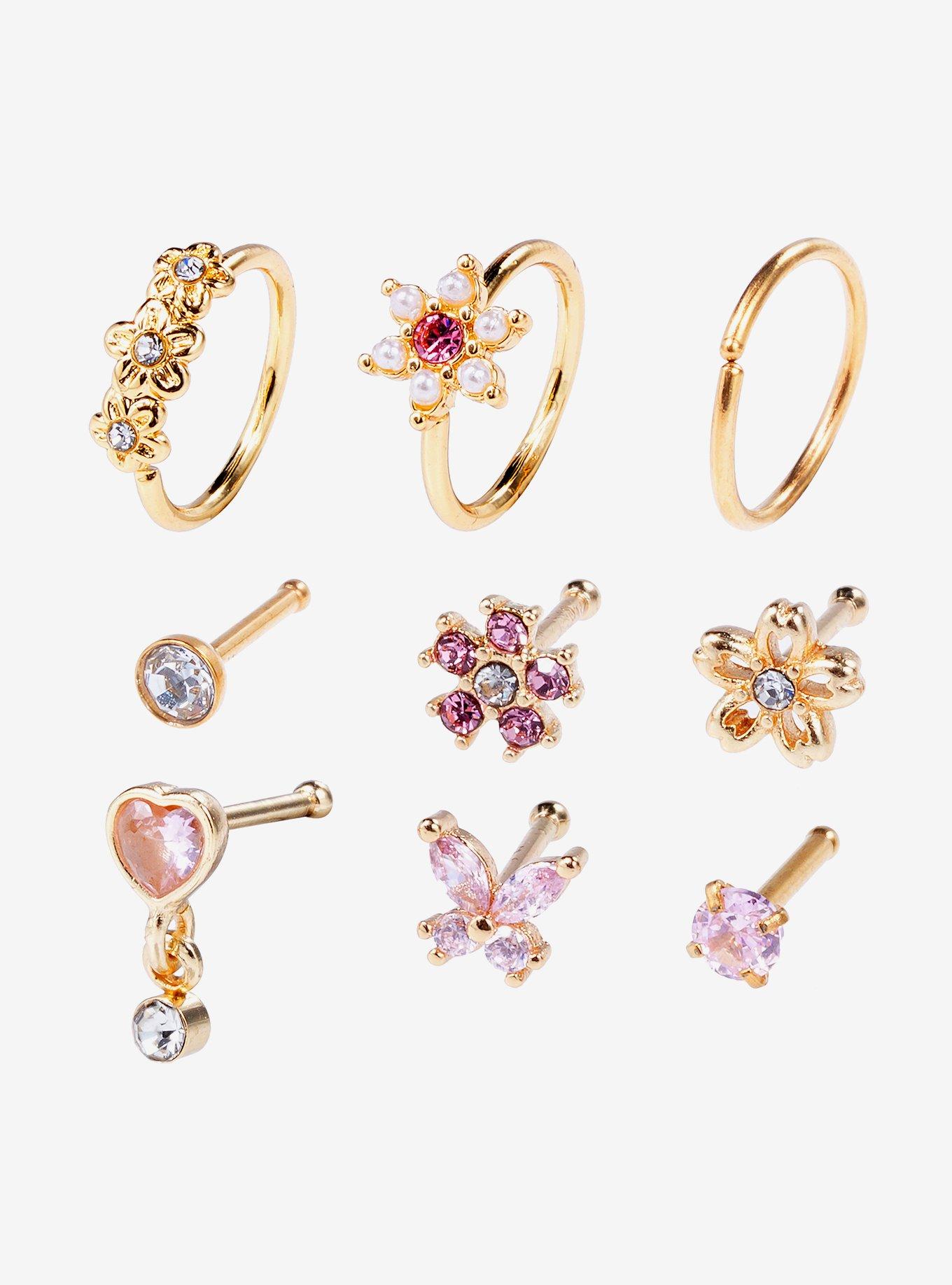 Steel Gold Butterfly & Sakura Nose Stud & Hoop 9 Pack, MULTI, hi-res
