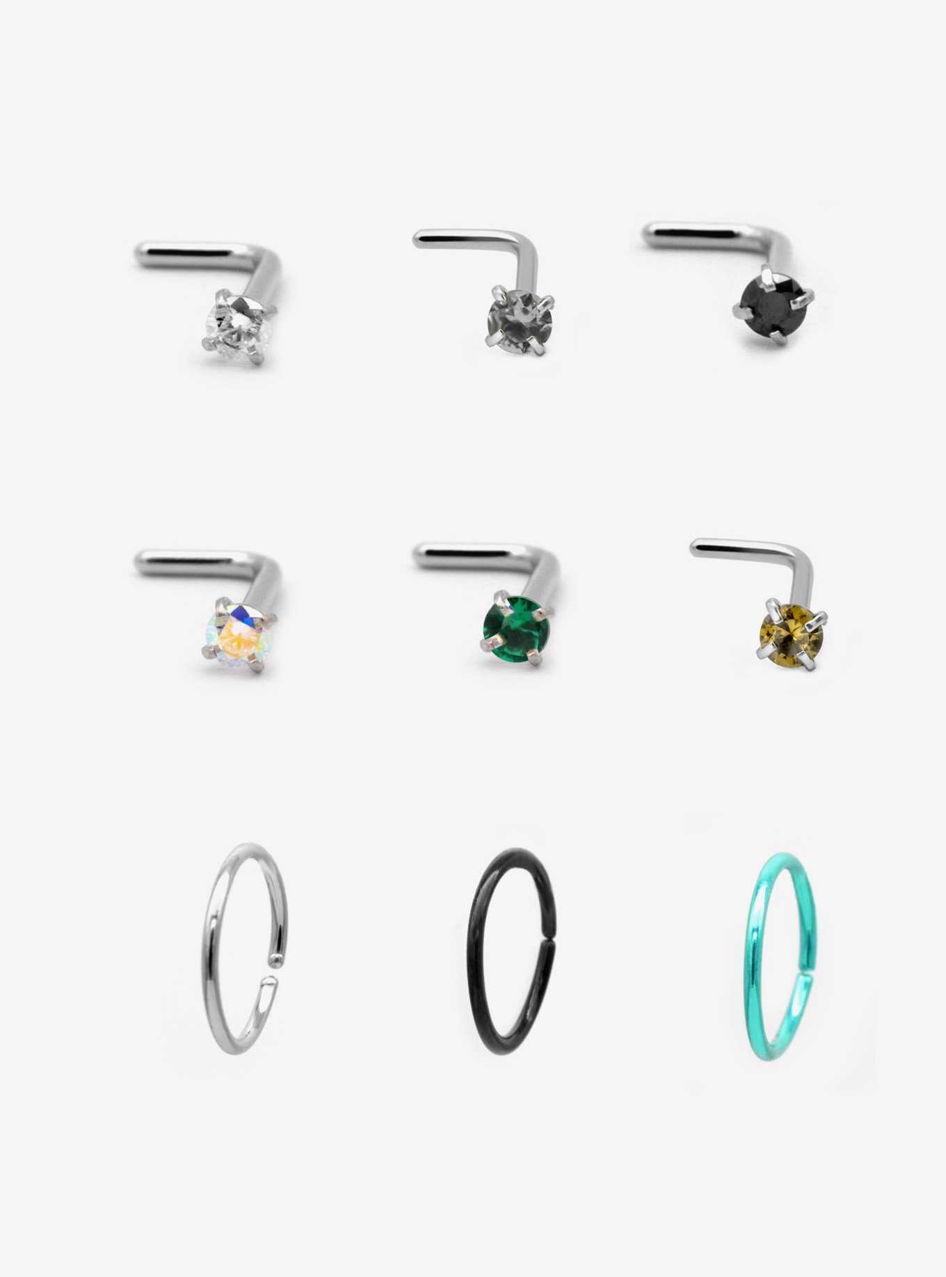 16G Steel Colored Gems Nose Stud & Hoop 9 Pack, , hi-res