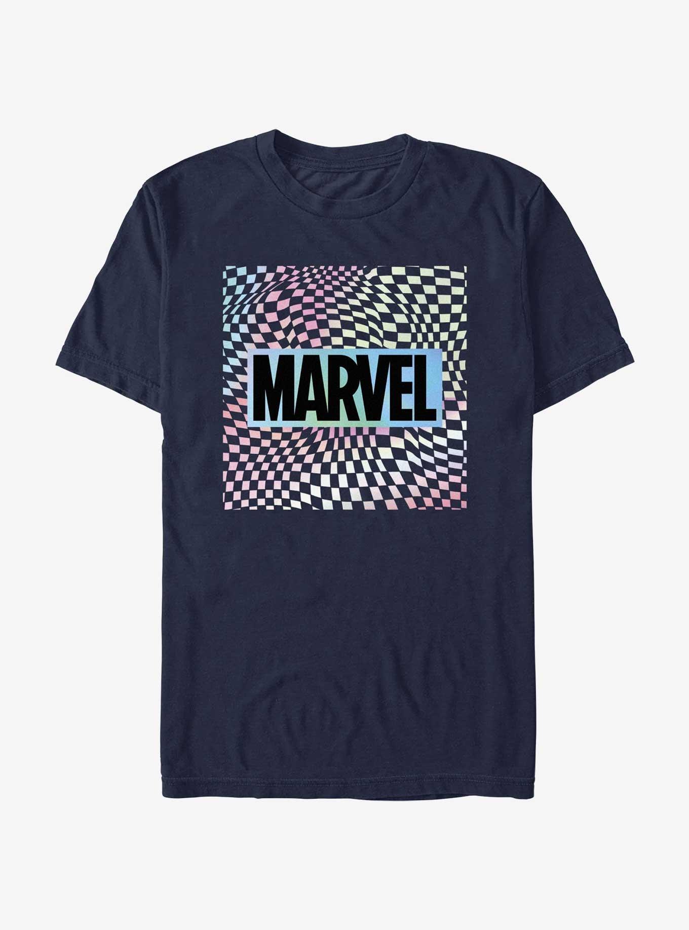 Marvel Warped Checkered Logo T-Shirt, NAVY, hi-res