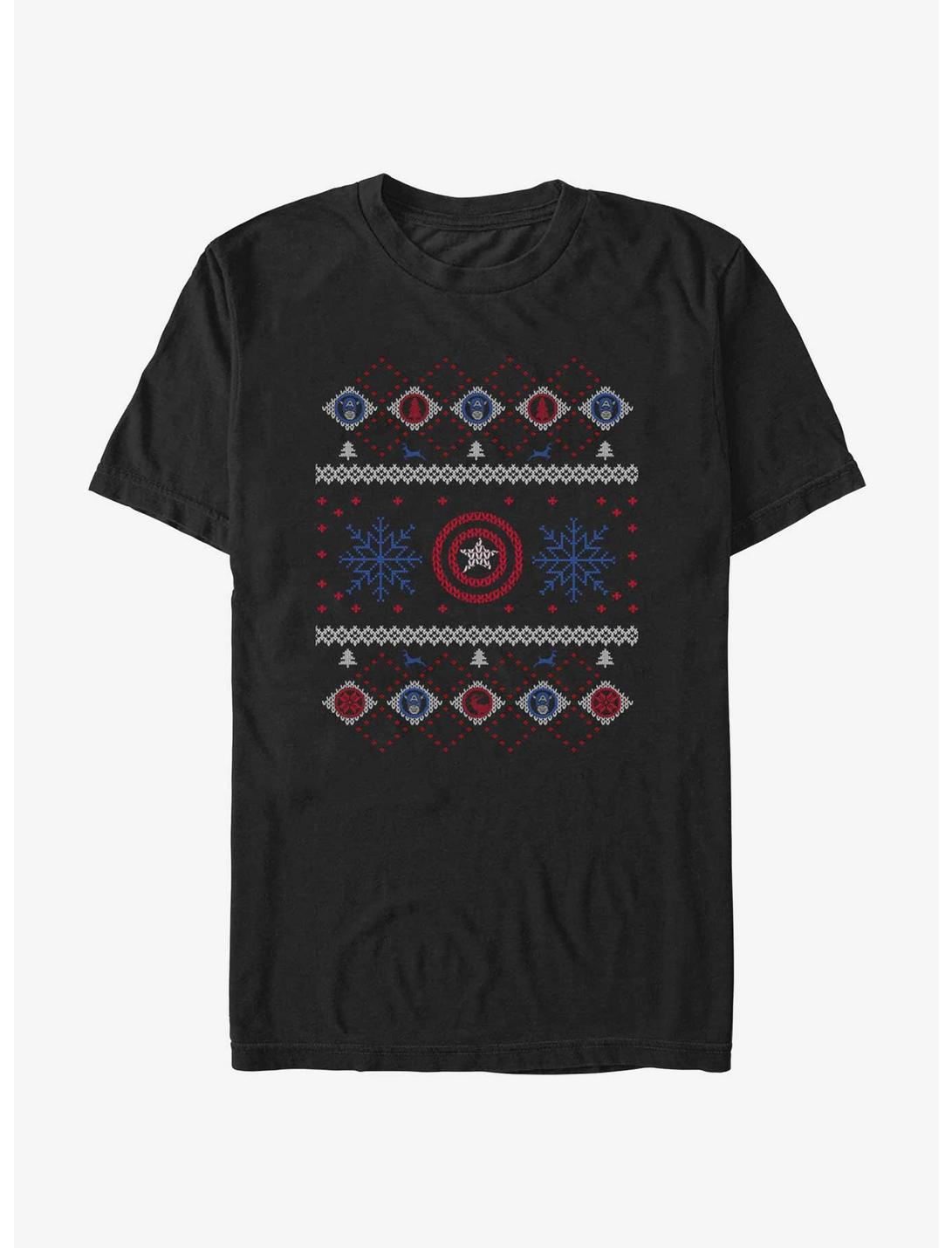 Marvel Captain America Snowflakes Ugly Christmas T-Shirt, BLACK, hi-res