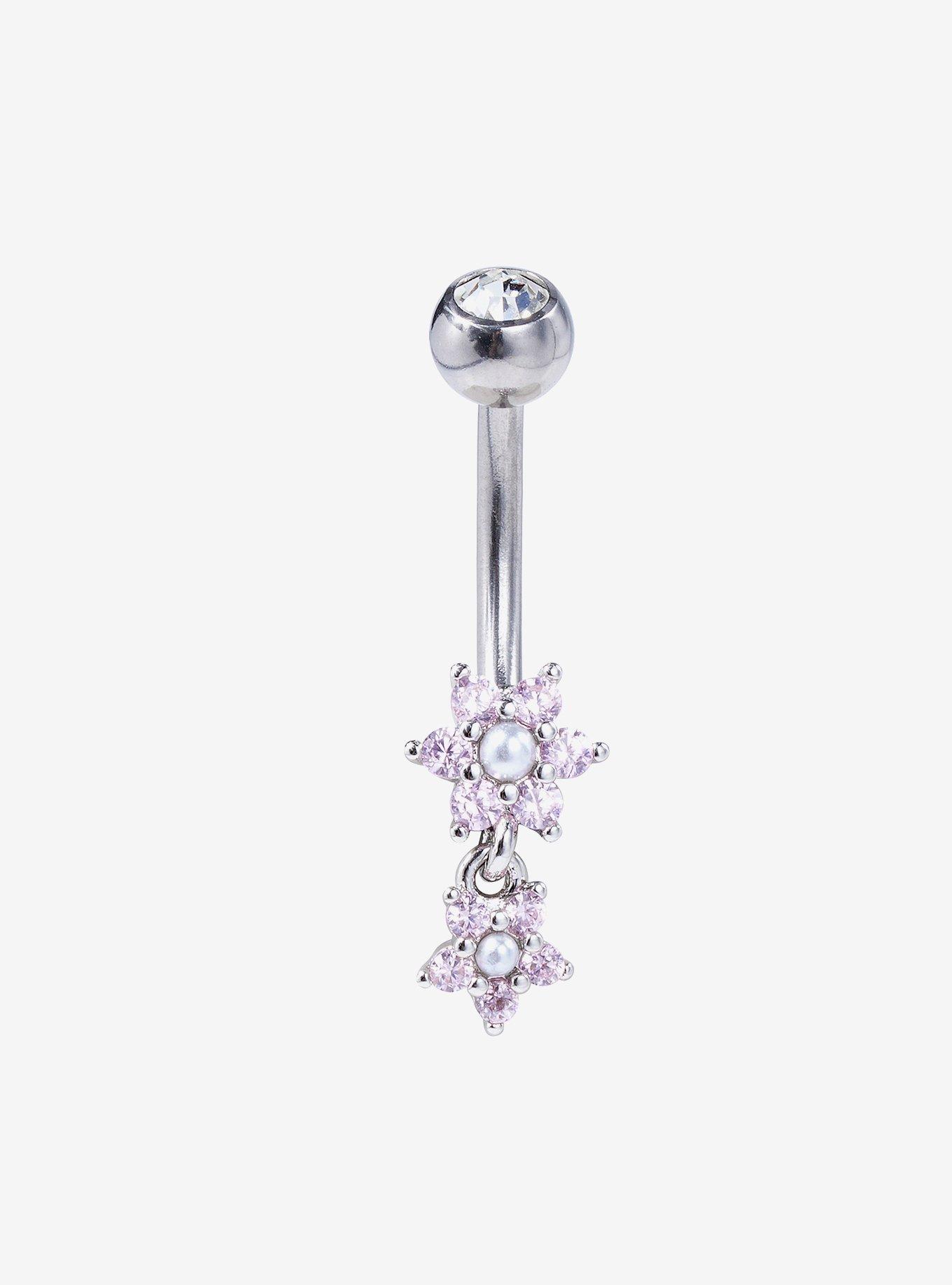 14G Steel Pink Flower Navel Barbell, , hi-res