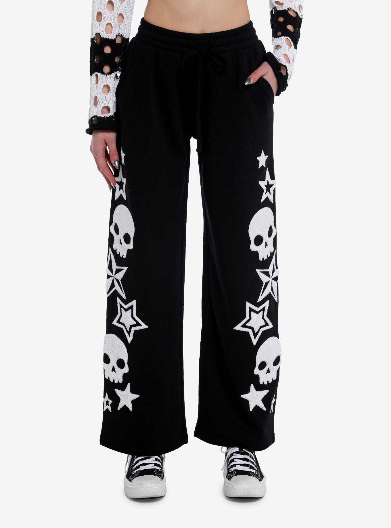 Skull Star Fuzzy Patch Wide Leg Girls Lounge Pants, BLACK, hi-res