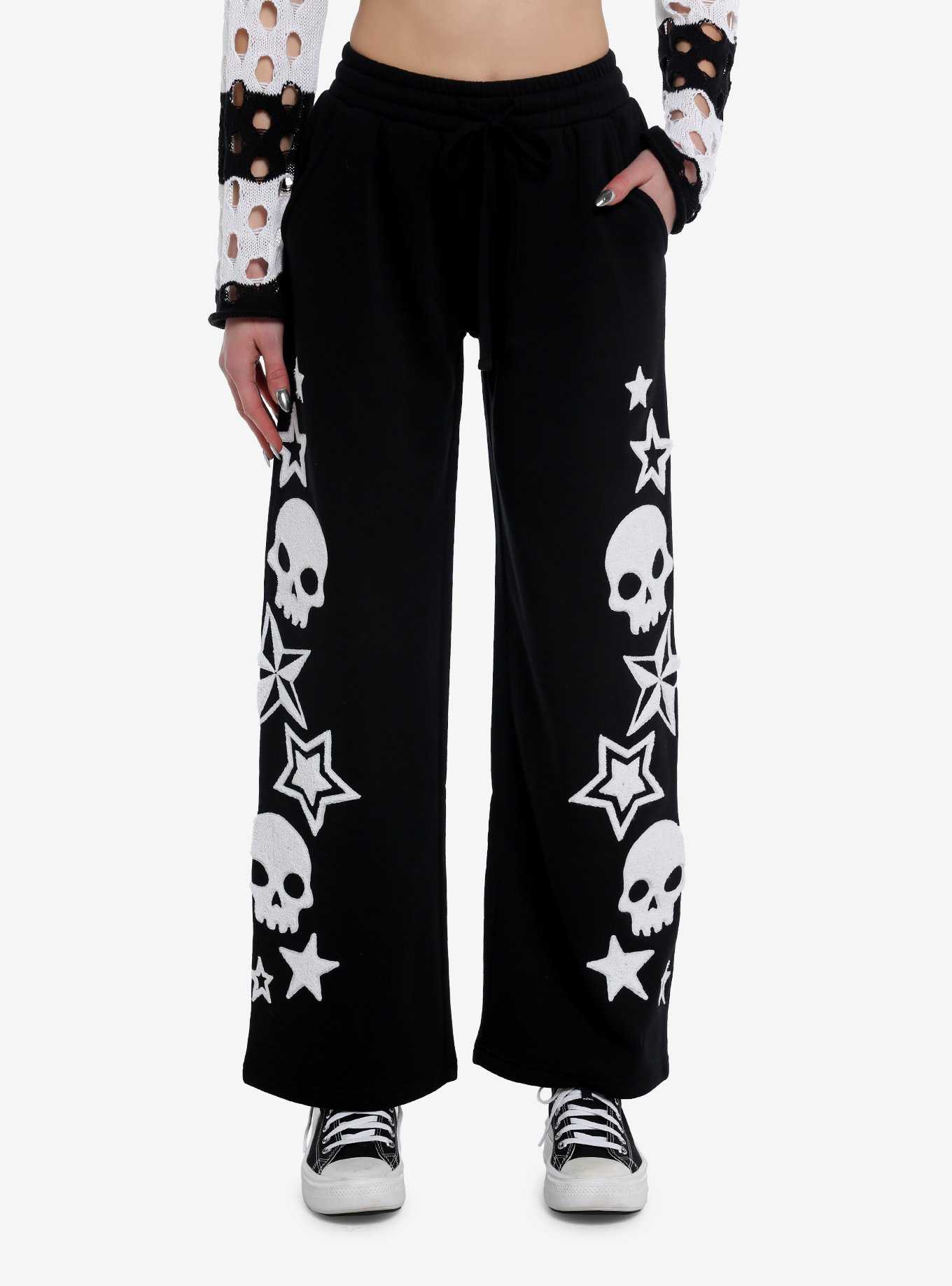 Skull Star Fuzzy Patch Wide Leg Girls Lounge Pants, , hi-res