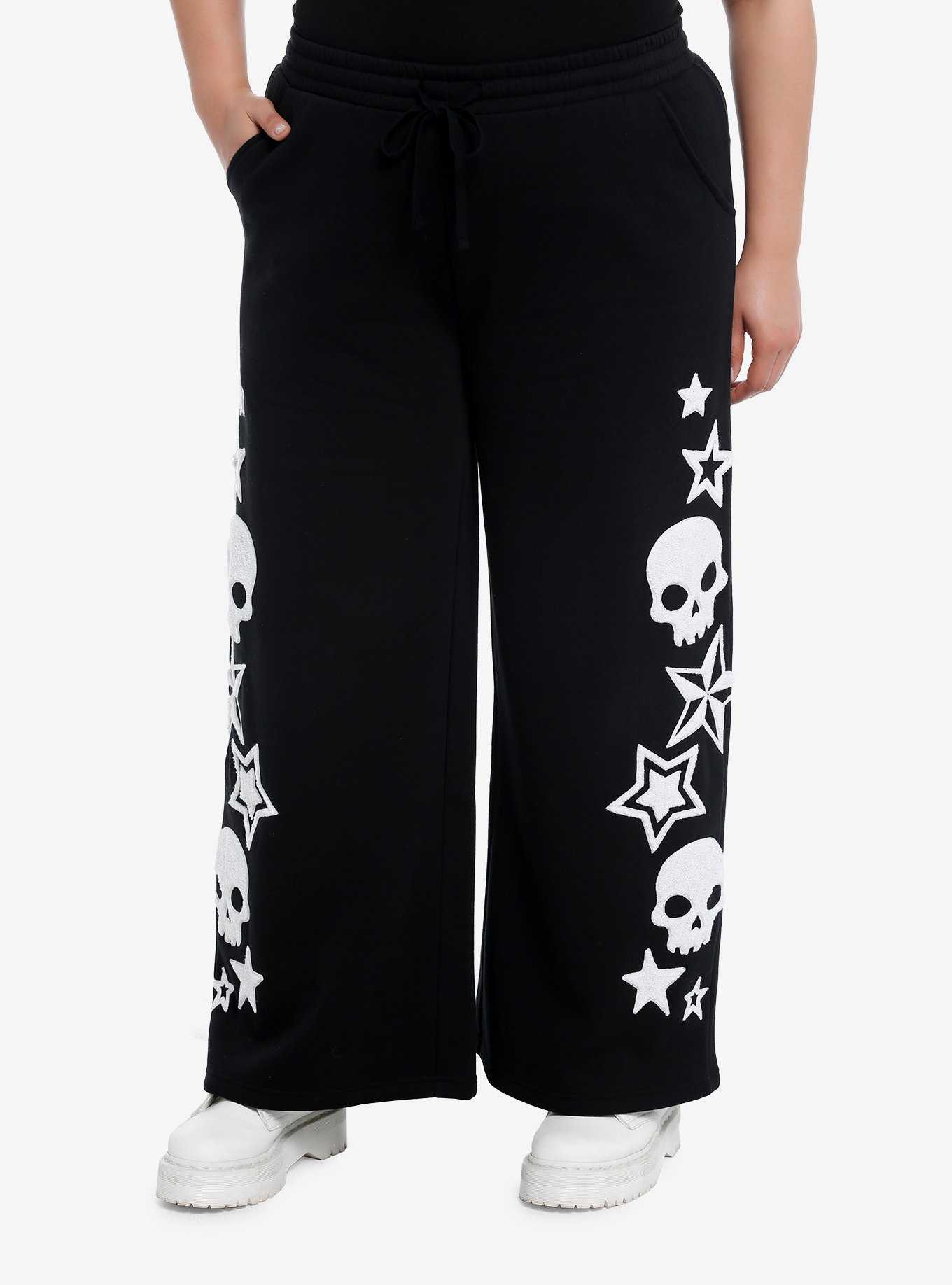 Skull Star Fuzzy Patch Wide Leg Girls Lounge Pants Plus Size, , hi-res