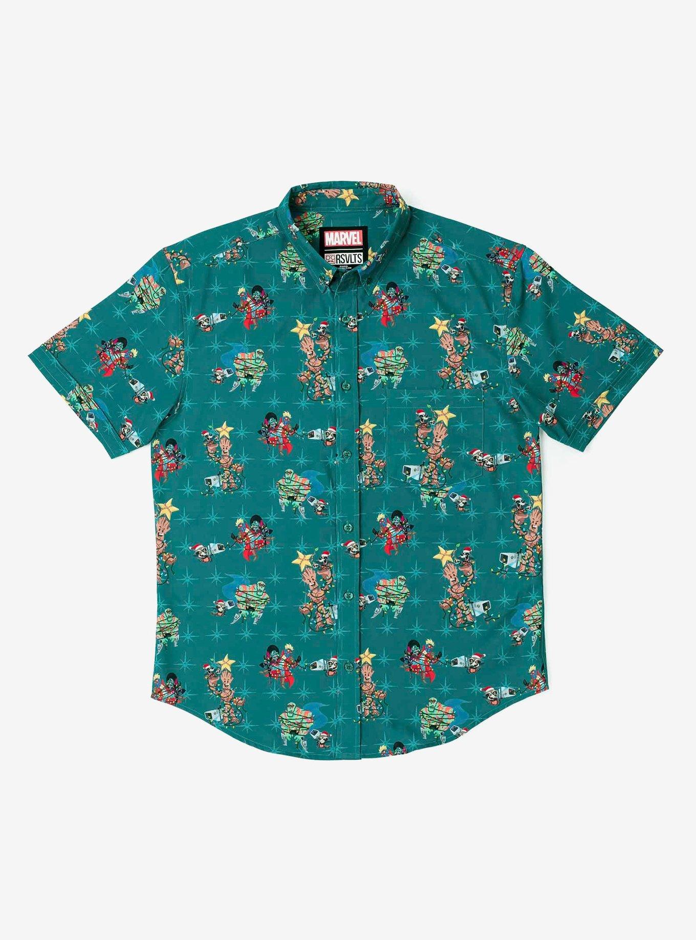 RSVLTS x Marvel Guardians of the Galaxy "Rocket Around the Christmas Tree" Button-Up Shirt, GREEN, hi-res