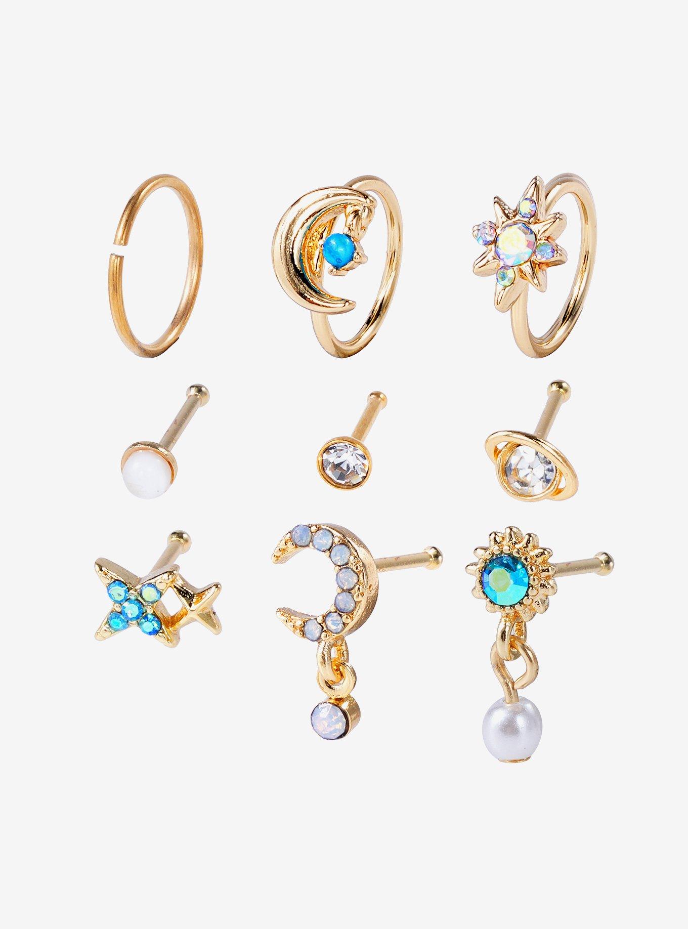 Steel Boho Pearl Nose Stud & Hoop 9 Pack, MULTI, hi-res