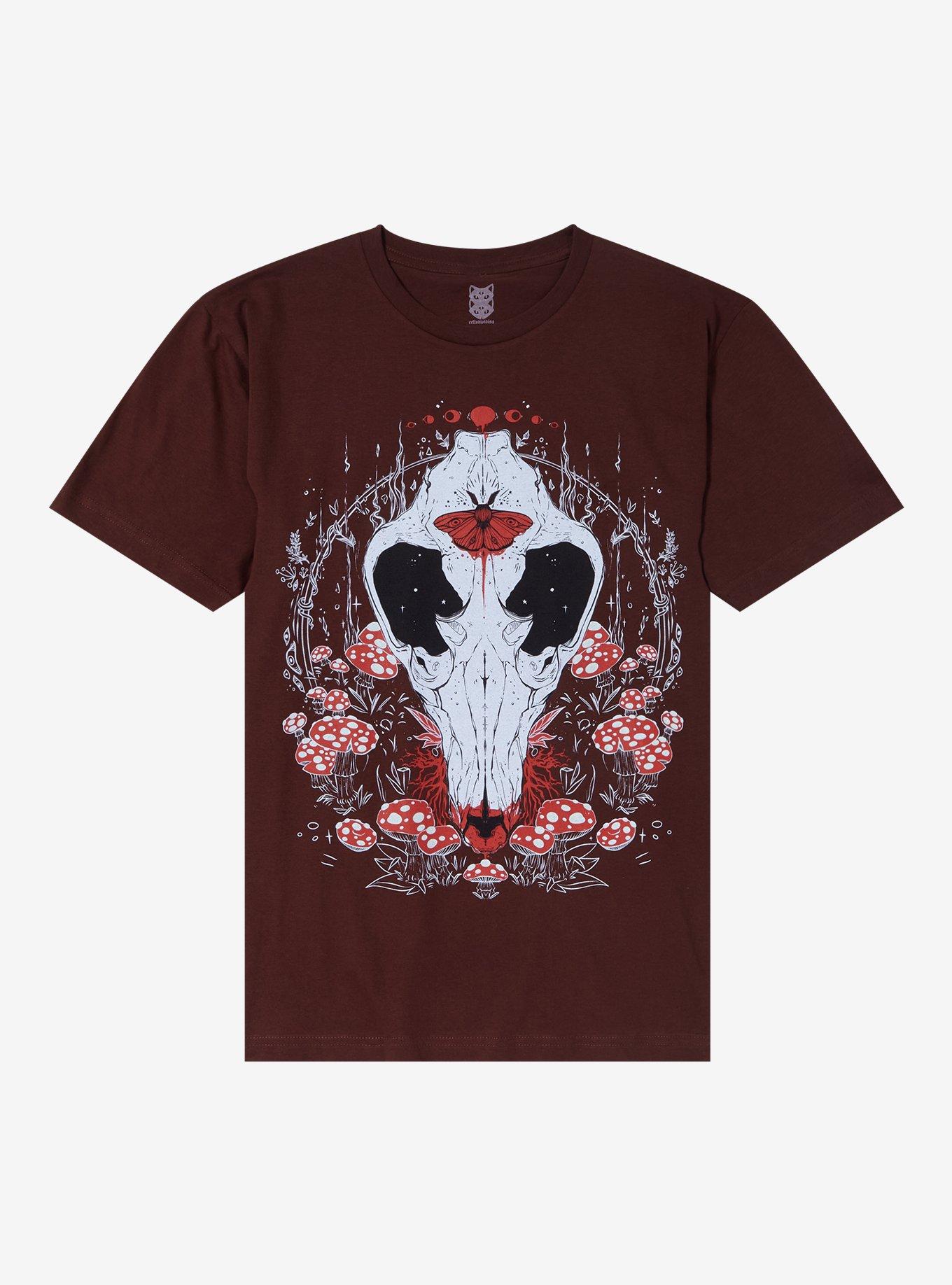 Animal Skull & Mushrooms Brown T-Shirt By Cells Dividing, BURGUNDY, hi-res