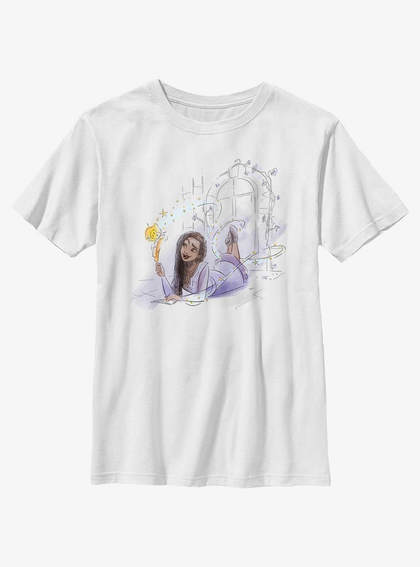 Disney Wish Watercolor Asha and Star Youth T-Shirt, WHITE, hi-res
