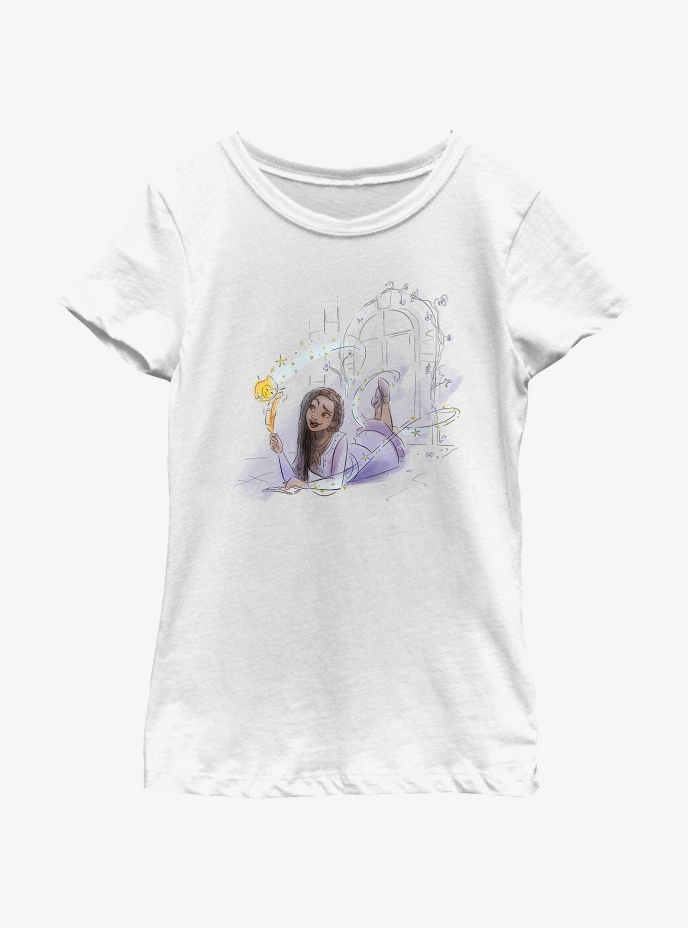 Disney Wish Watercolor Asha and Star Youth Girls T-Shirt, WHITE, hi-res