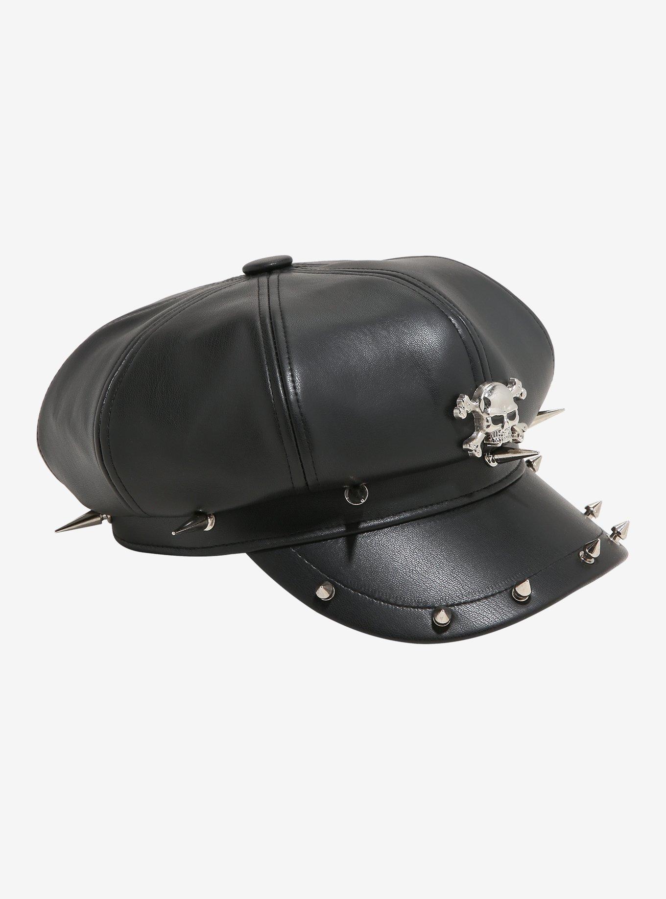 Black Faux Leather Skull Spike Cabbie Hat, , hi-res