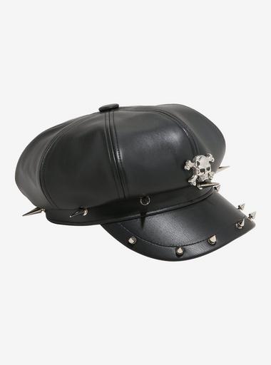 Black Faux Leather Skull Spike Cabbie Hat | Hot Topic