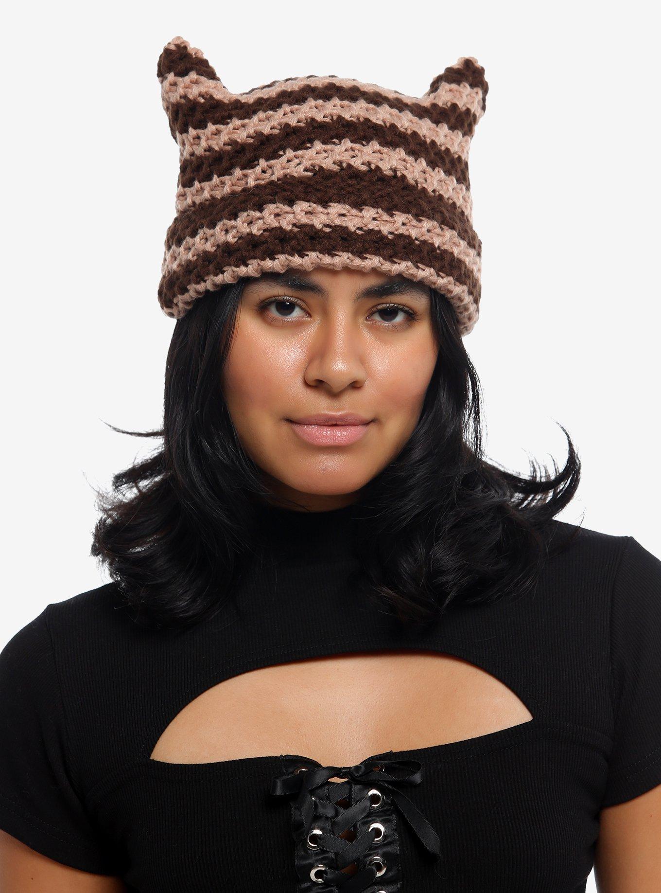 Brown Stripe Ear Knit Beanie, , hi-res