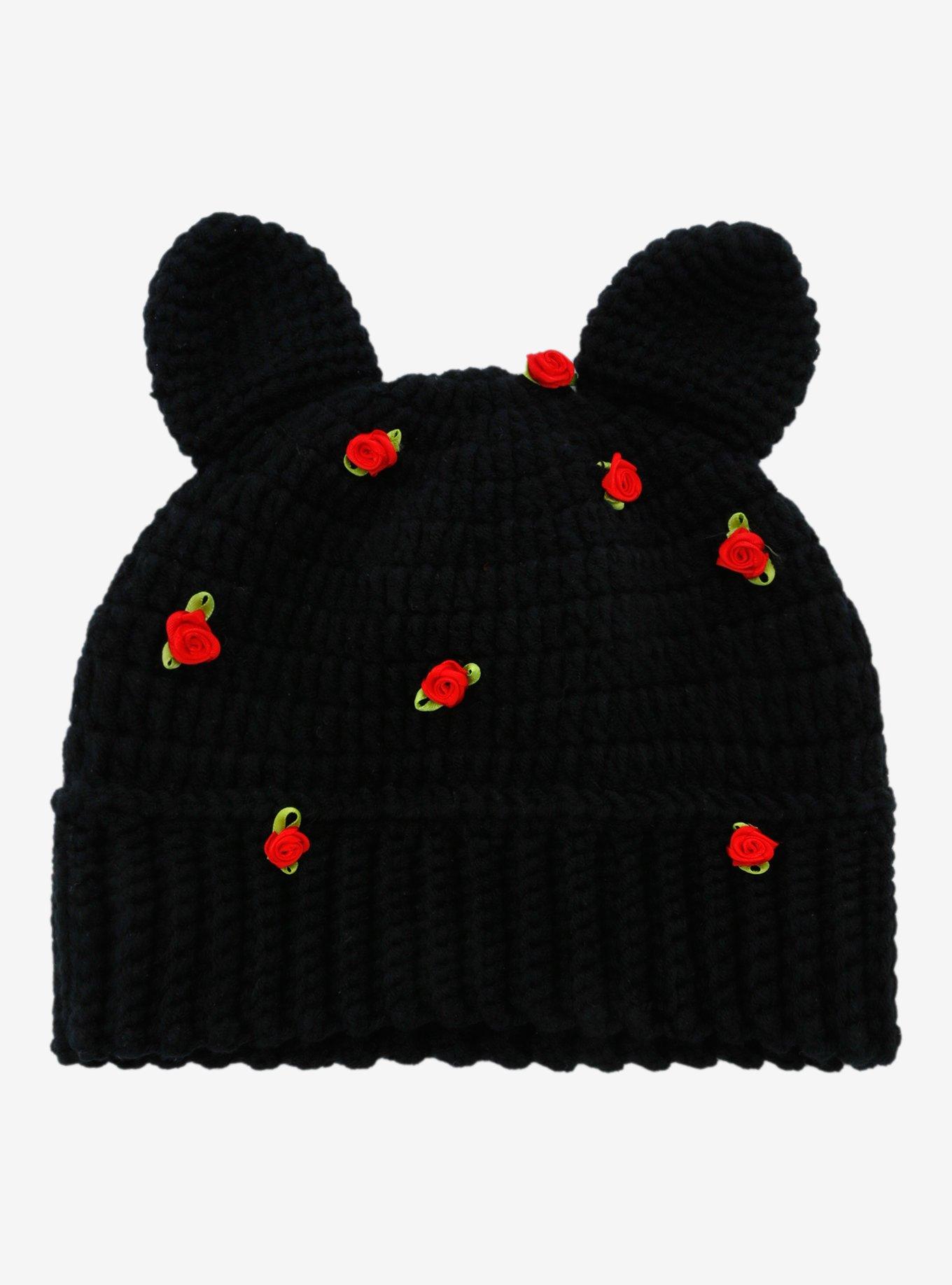 Red Rosette Subtle Ears Knit Beanie, , hi-res