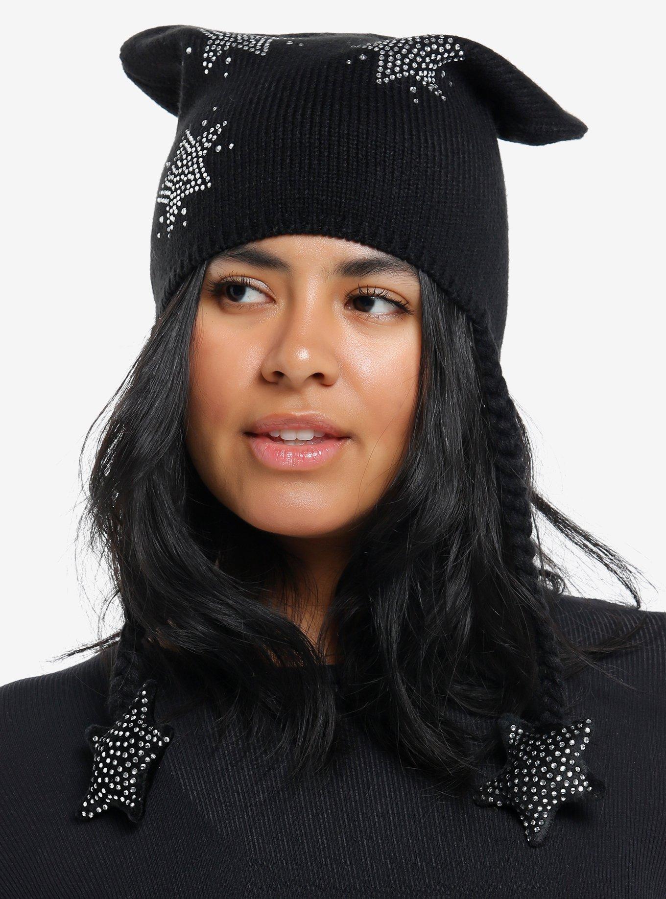 Black Rhinestone Star Tassel Beanie, , hi-res