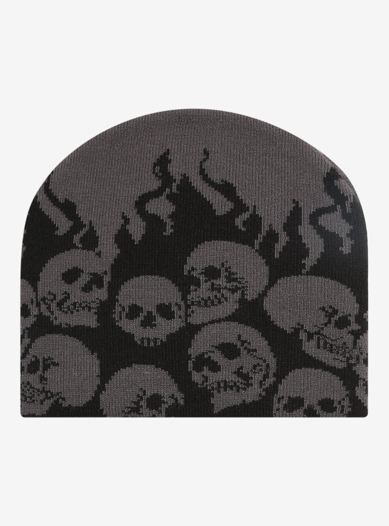 Black & Grey Skull Flame Beanie, , hi-res