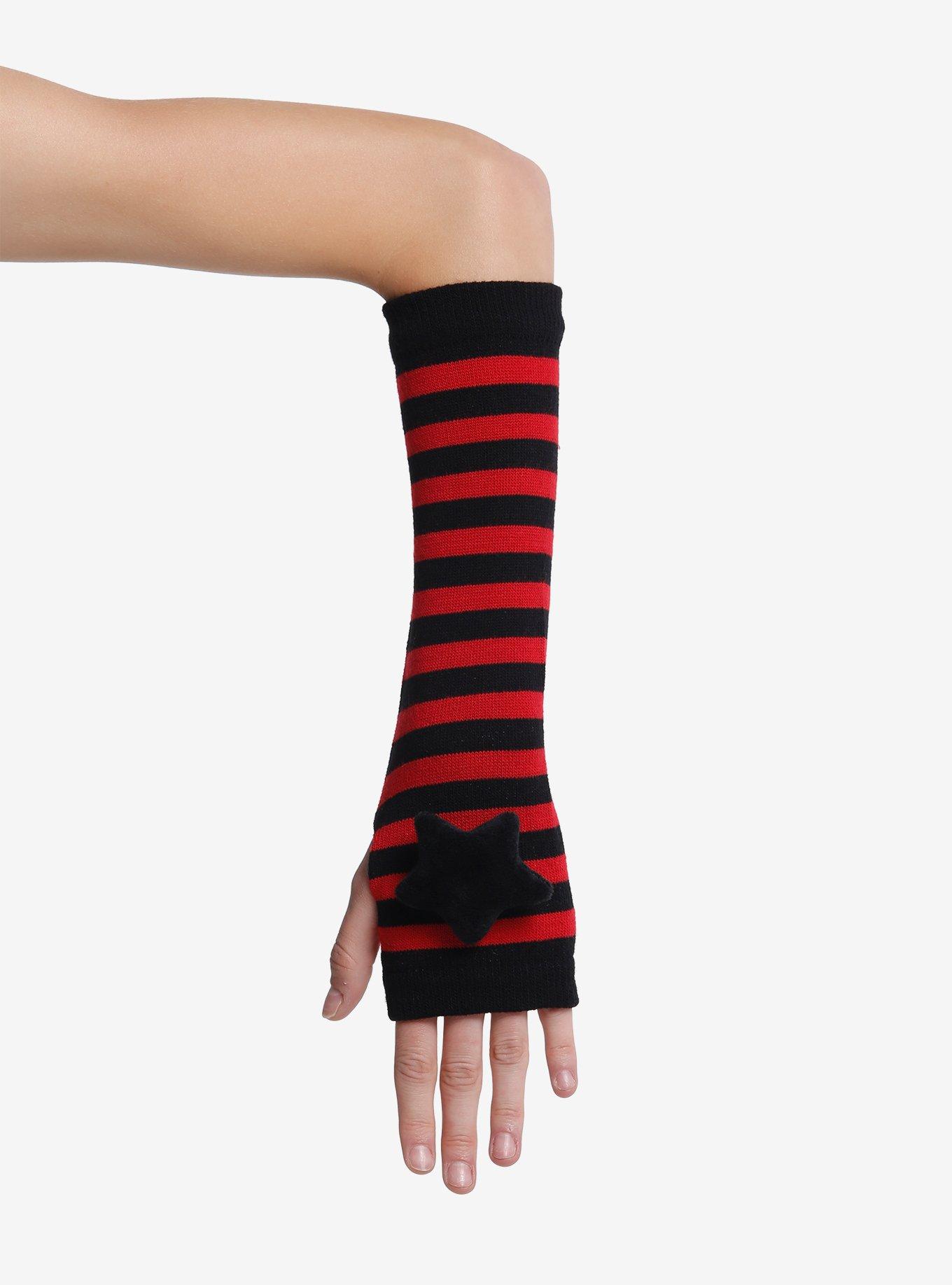 Red & Black Stripe Plush Star Arm Warmers | Hot Topic