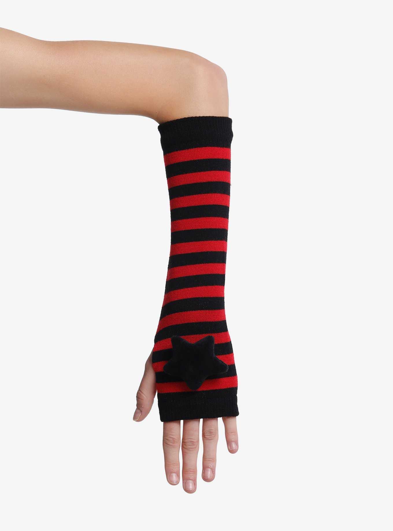 Red & Black Stripe Plush Star Arm Warmers, , hi-res