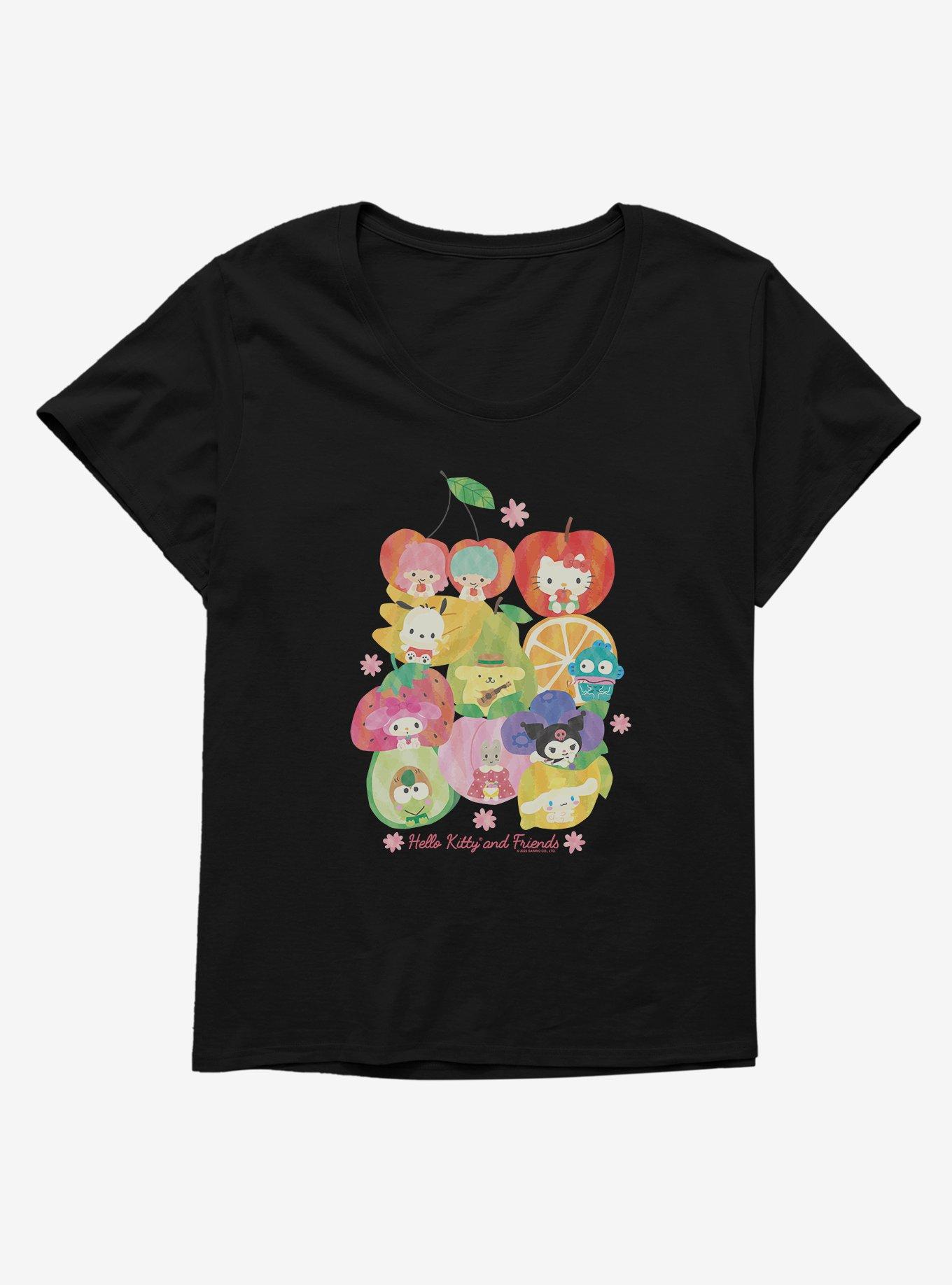 Hello Kitty And Friends Fruit Background Portrait Womens T-Shirt Plus Size, BLACK, hi-res