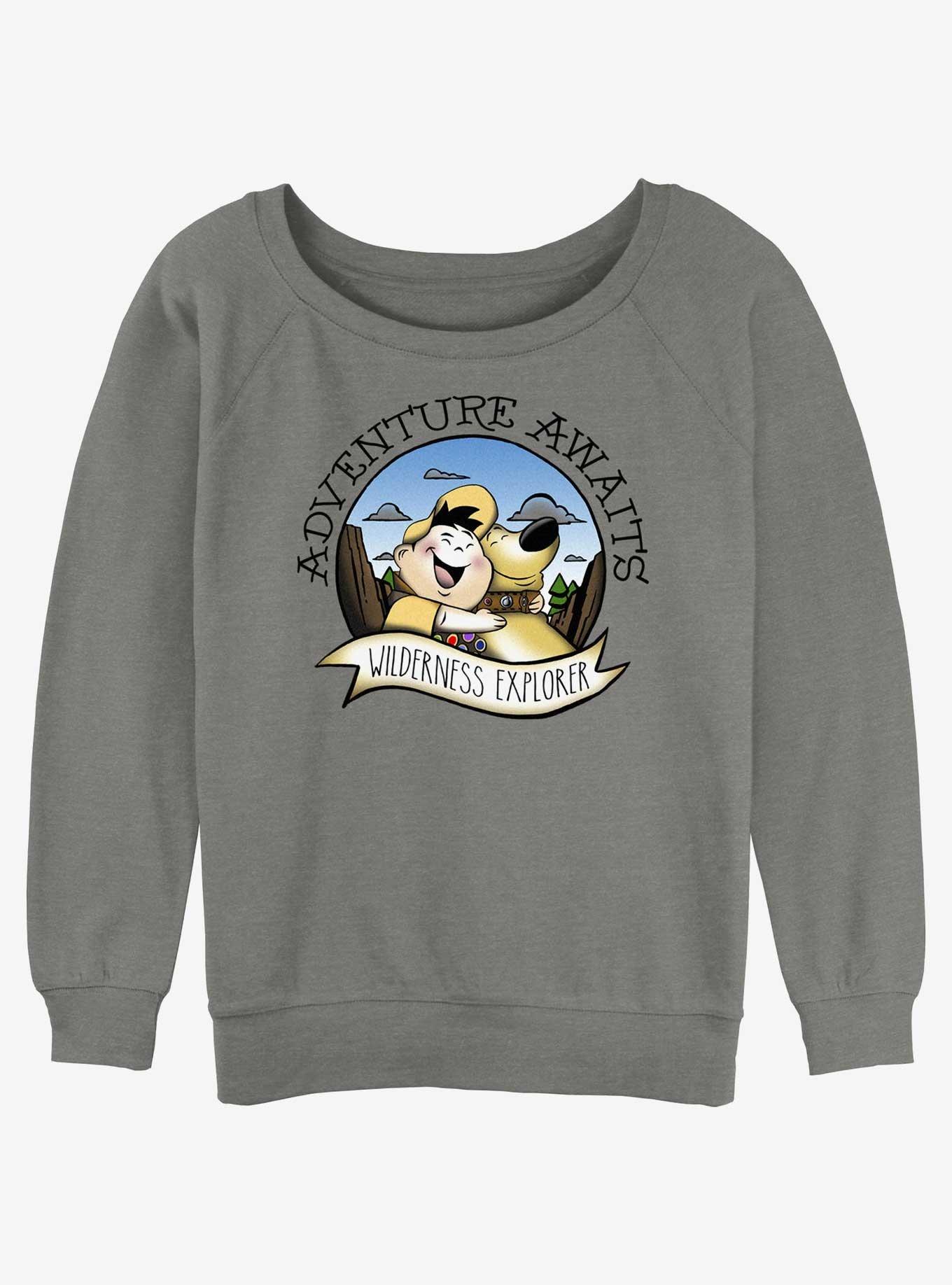 Disney Pixar Up Russell and Dug Wilderness Explorer Womens Slouchy Sweatshirt, GRAY HTR, hi-res