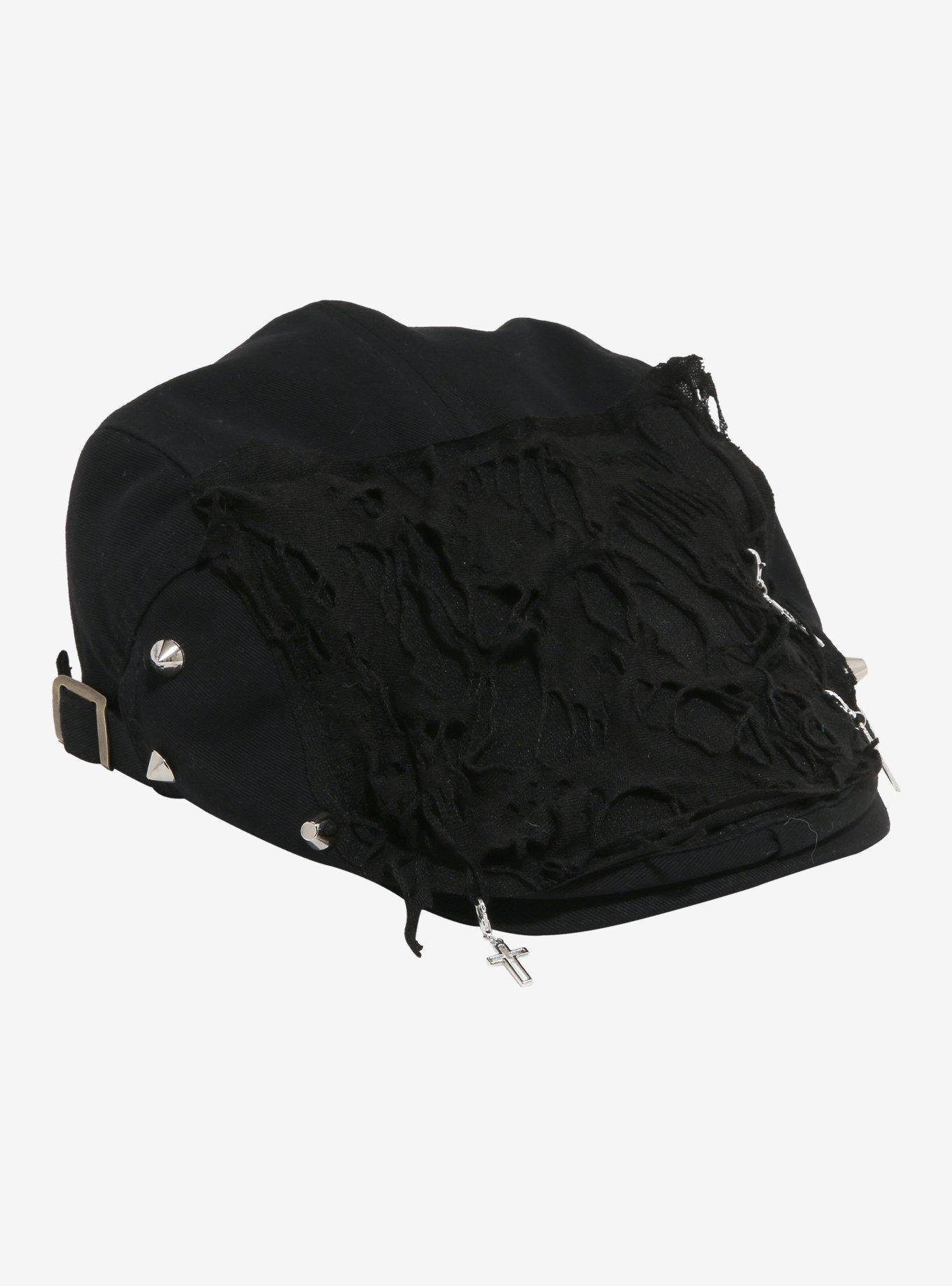 Black Destructed Stud Cabbie Hat, , hi-res